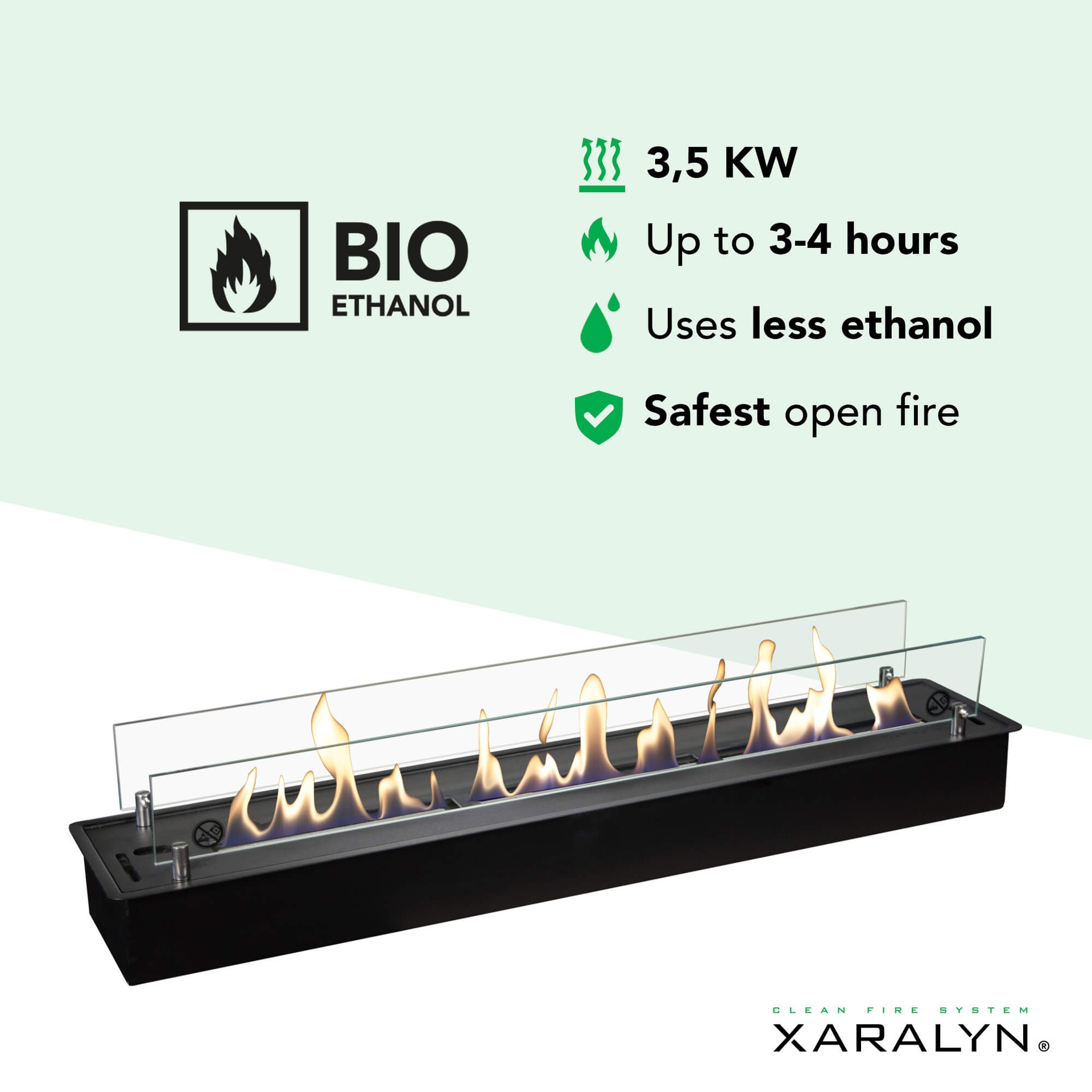 Een zwarte bio-ethanol haard met vlammen. Tekst bevat 'BIO ETHANOL', '3,5 KW' en 'Safest open fire'.