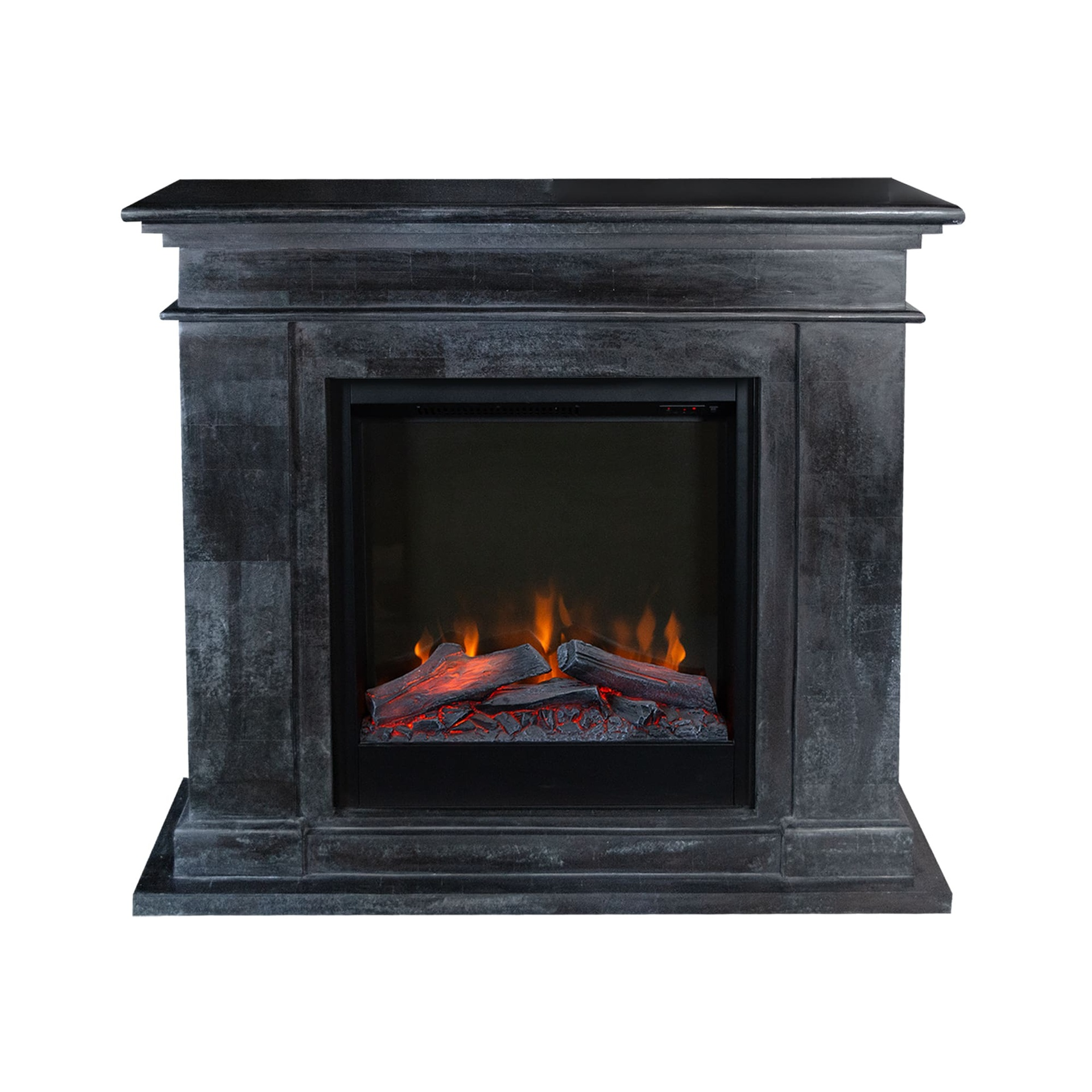 A dark gray fireplace with a faux flame display, set against a white background. The fireplace has a black interior.