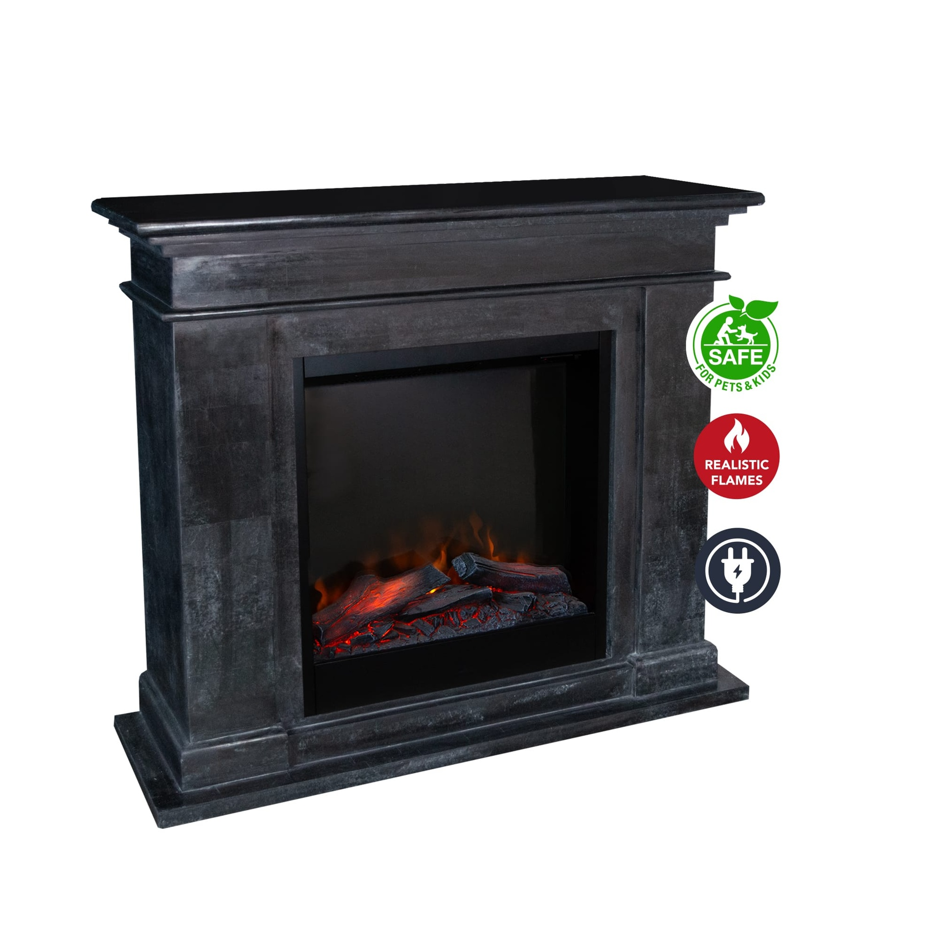 A dark gray electric fireplace with realistic flames. It has safe for pets and kids, realistic flames and power plug icons.