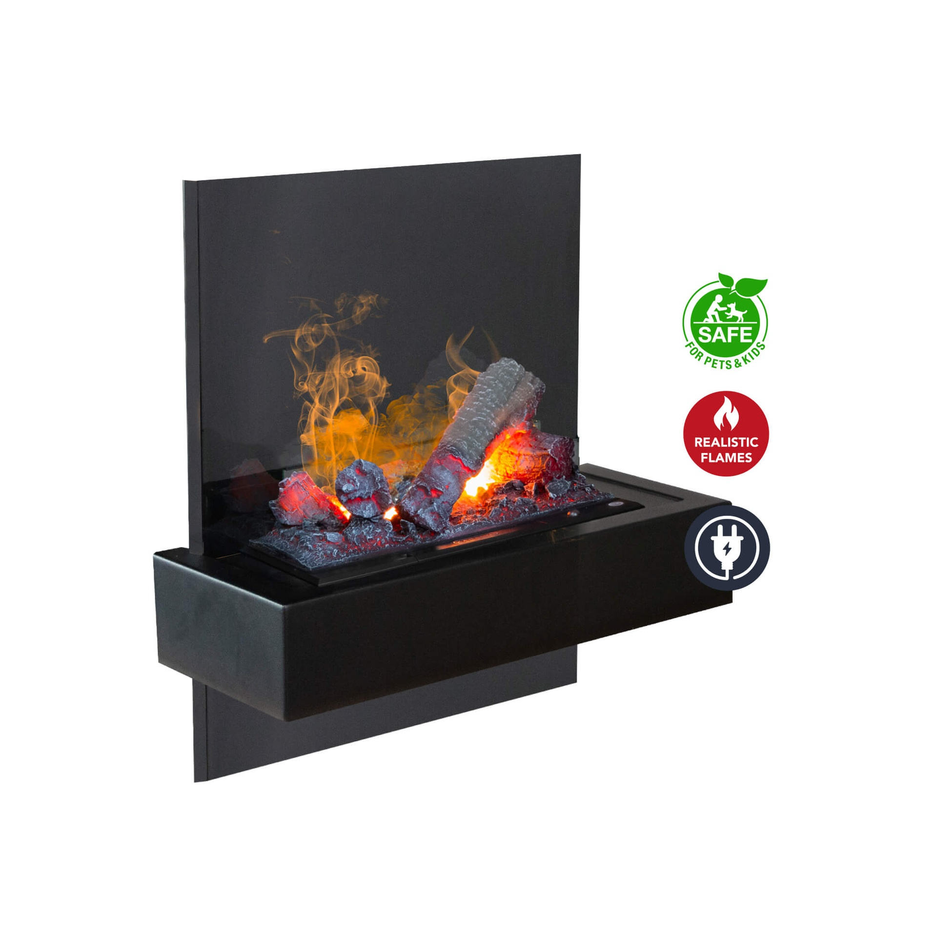 Een zwarte elektrische open haard met een realistisch vlameffect. Het heeft een veilig logo voor huisdieren en kinderen.