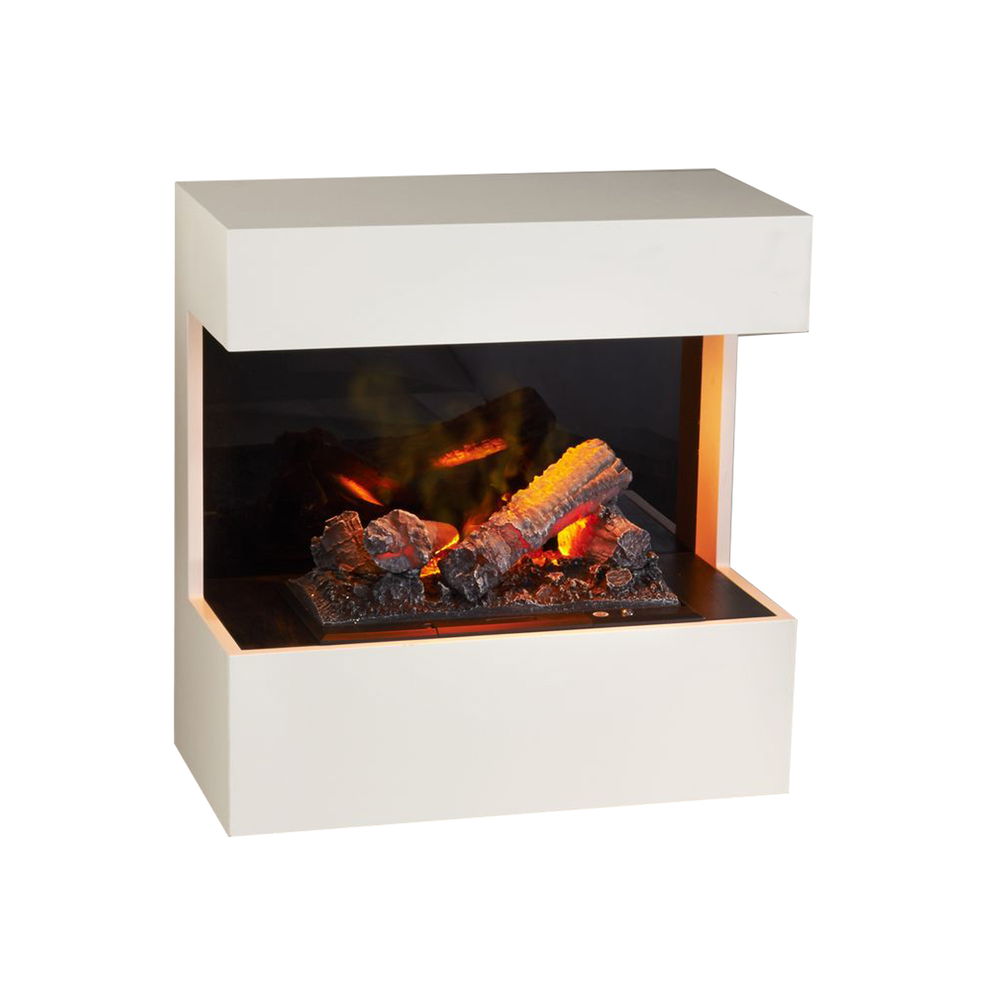 White electric fireplace with a black interior and glowing artificial logs.