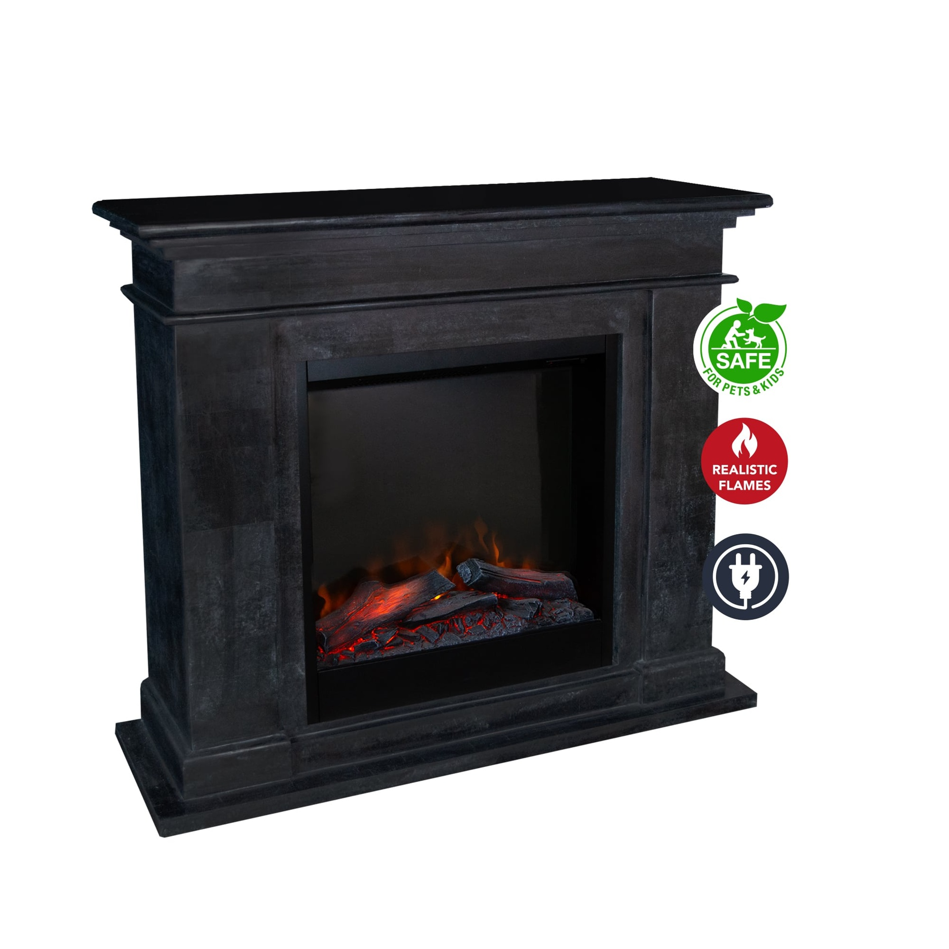 A black electric fireplace with realistic flames. It has safety symbols for pets, kids, and power.