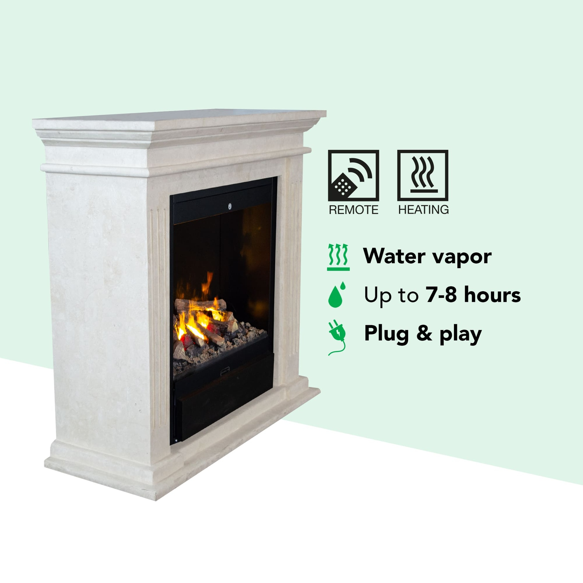 Een stenen open haard met zwart interieur. Het heeft gloeiende namaak houtblokken en infographics: afstandsbediening, verwarming, waterdamp, 7-8 uur, plug & play.