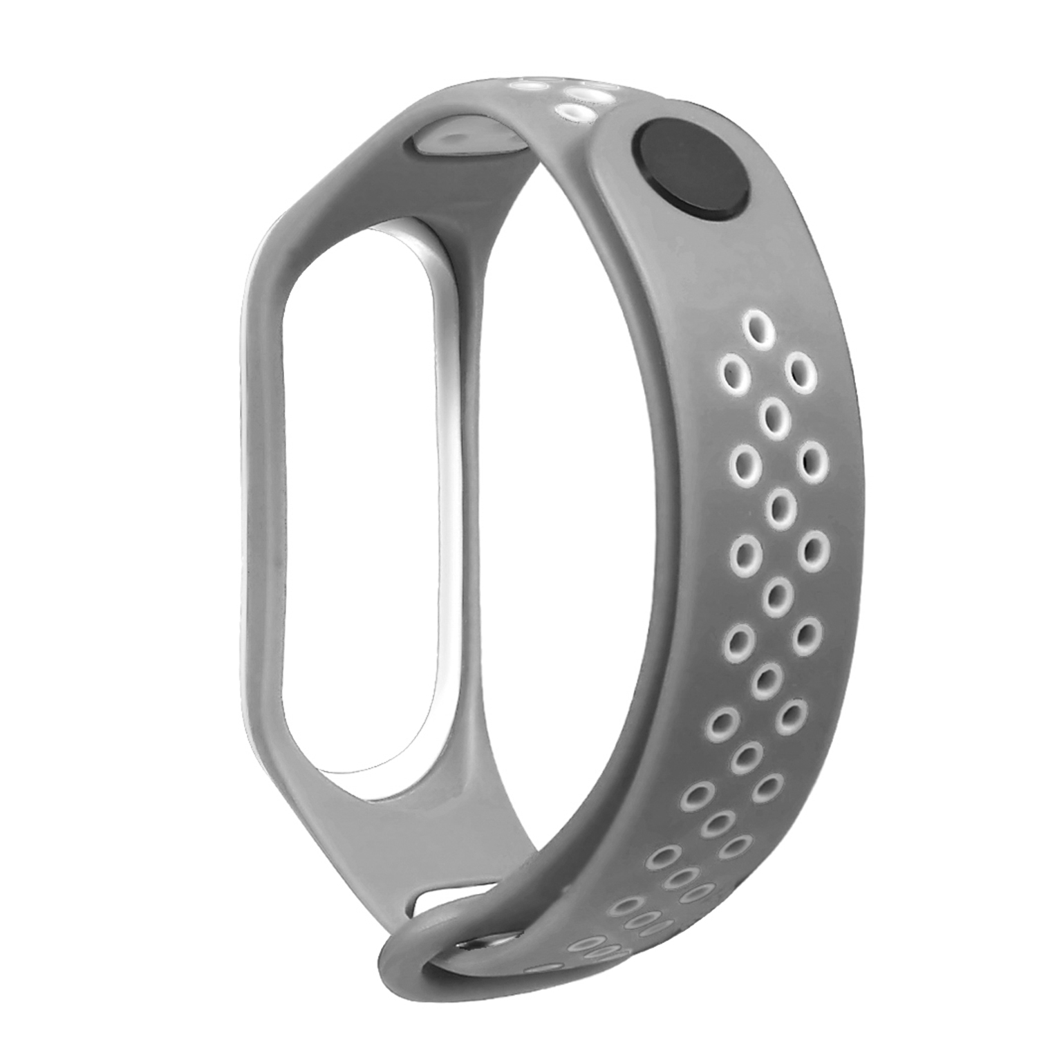 Correa de reloj inteligente gris con agujeros blancos y botón negro, fondo blanco aislado.