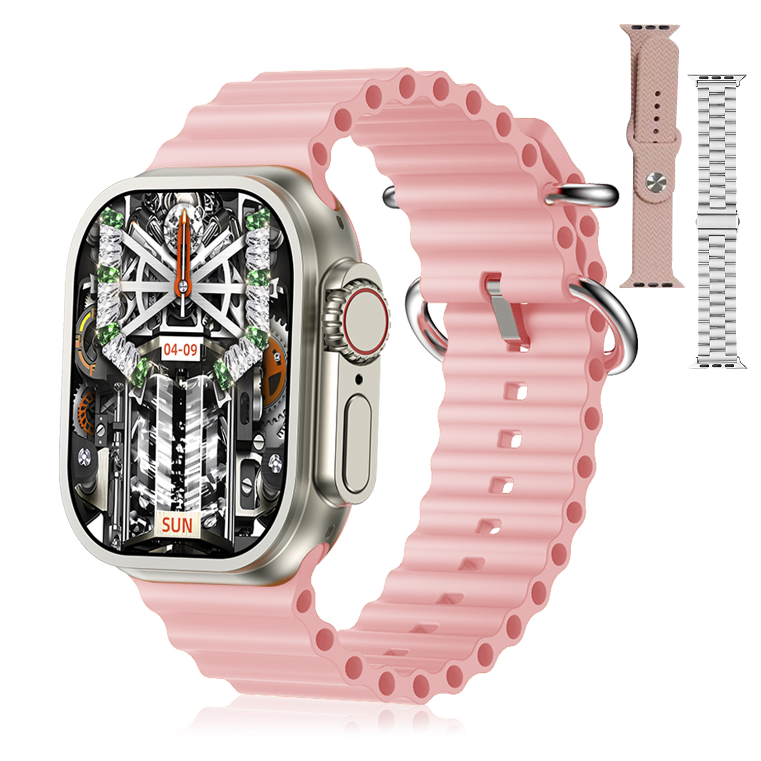 Smartwatch rosa con cinturino rosa. Tre cinturini aggiuntivi sono mostrati accanto.