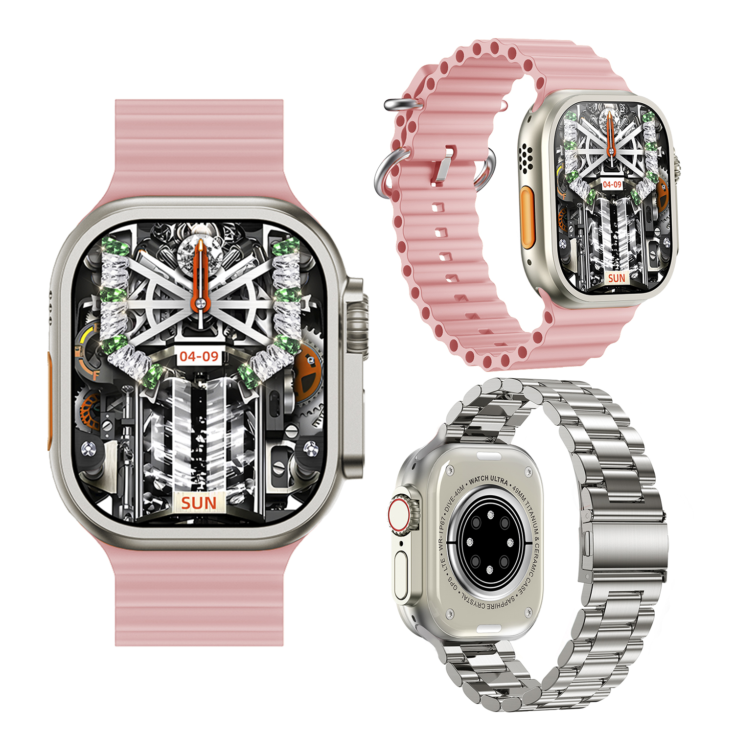 Tre smartwatch: uno con cinturino rosa, uno con cinturino in metallo e un primo piano.