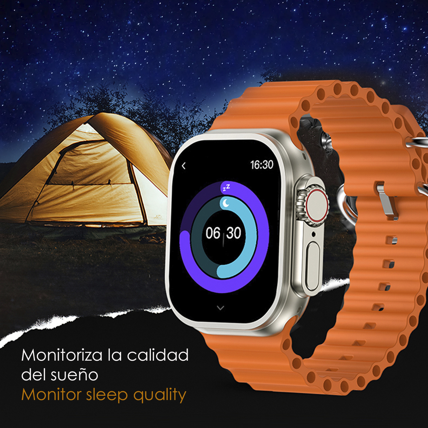 Smartwatch arancione con lunetta argentata, che mostra i dati del sonno, su uno sfondo notturno.