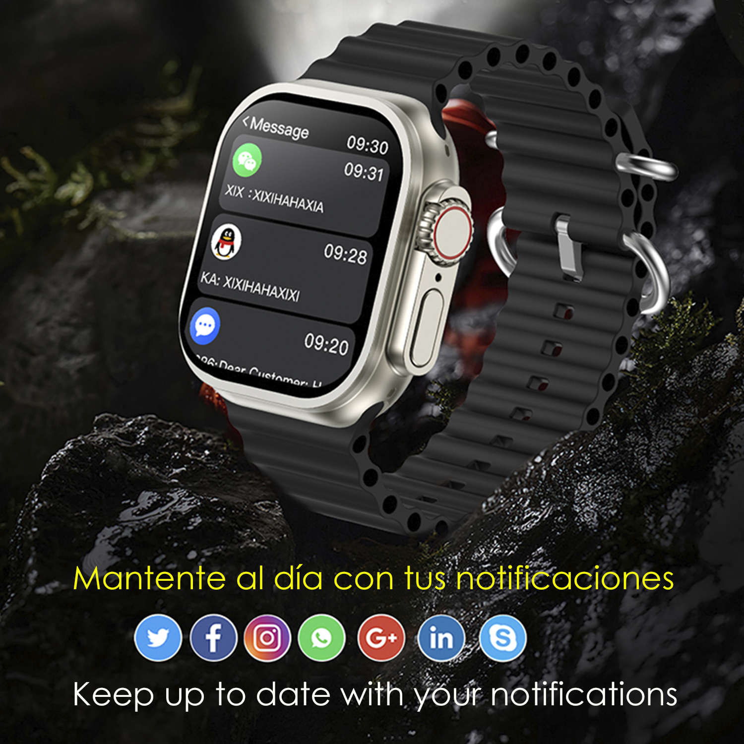 Uno smartwatch con notifiche visualizzate e icone dei social media in basso.