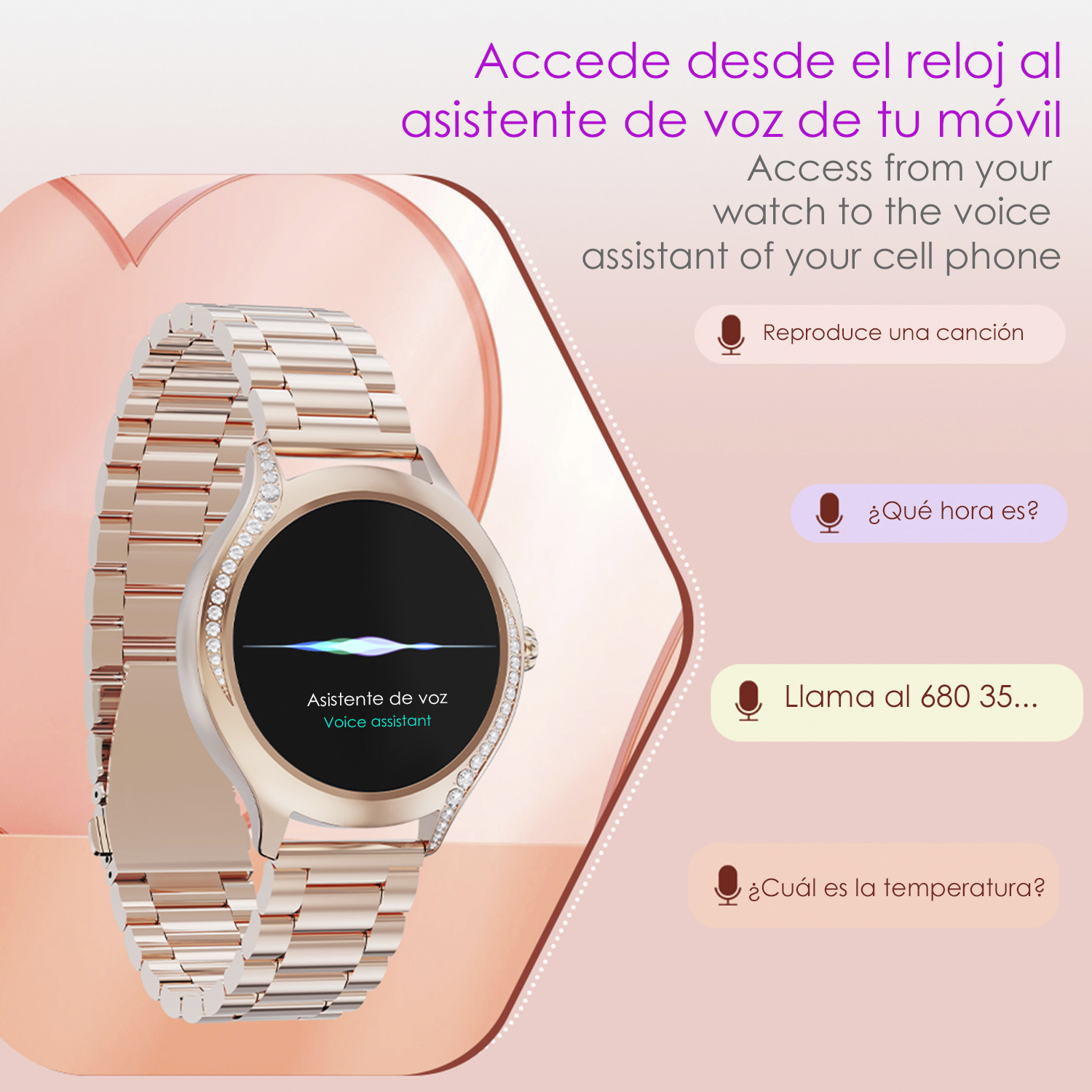 Smartwatch con assistente vocale su una superficie rosa. Testo e icone intorno all'orologio.