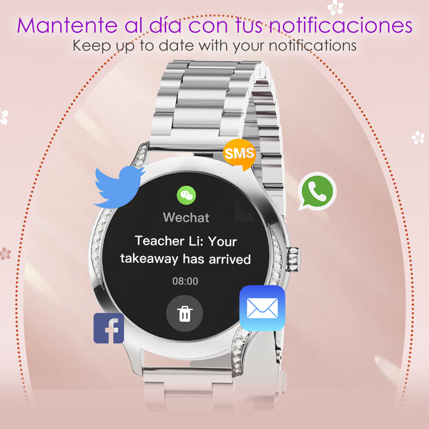 Uno smartwatch con icone di notifica dei social media sullo schermo.