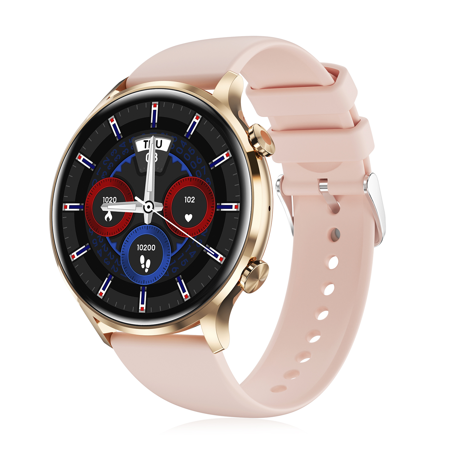 Uno smartwatch rosa e oro. Ha un quadrante rotondo con informazioni visualizzate e un cinturino rosa.