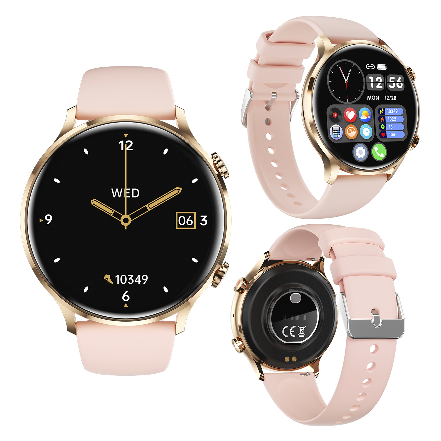 Tre smartwatch rosa con dettagli dorati, che mostrano diversi quadranti.