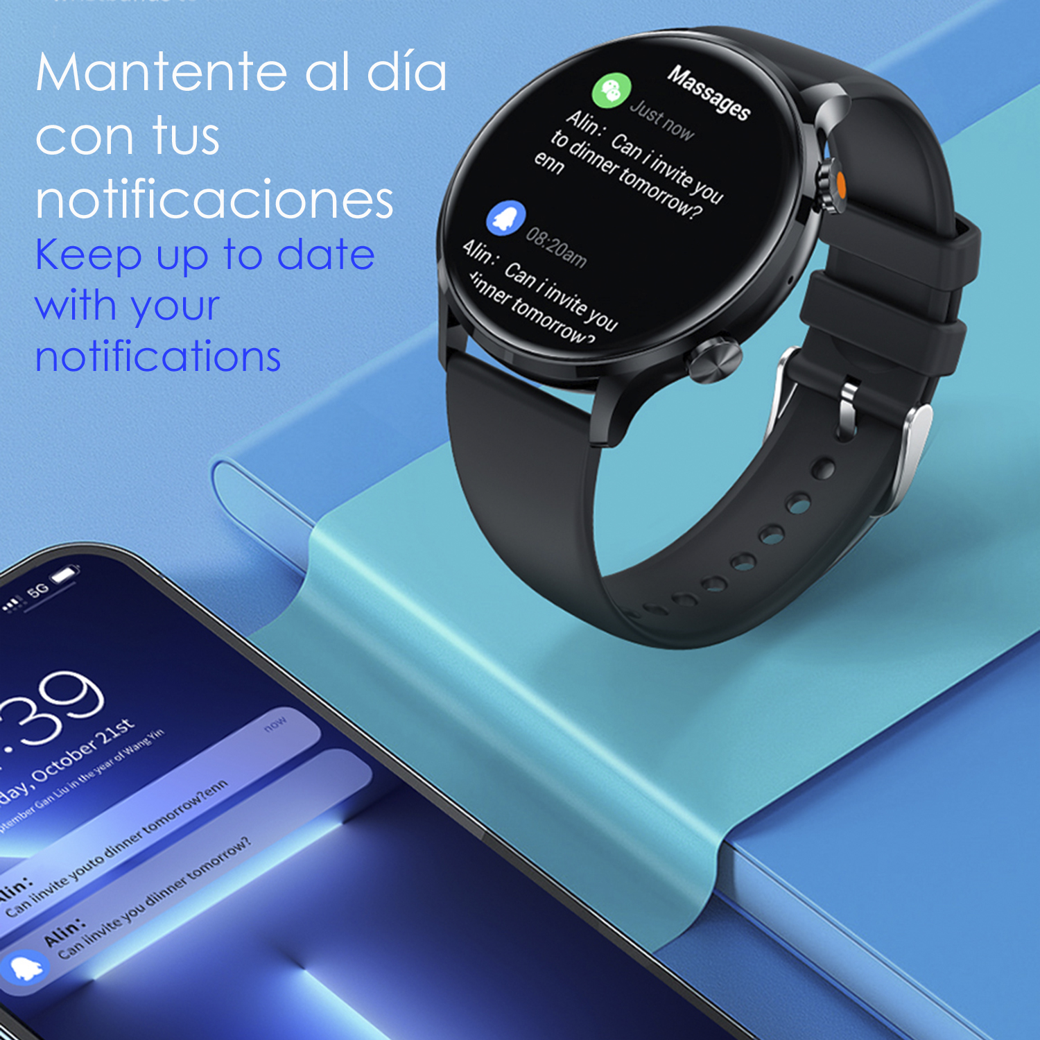 Uno smartphone mostra le notifiche di un nuovo messaggio. Uno smartwatch mostra i messaggi. Sfondo scuro.