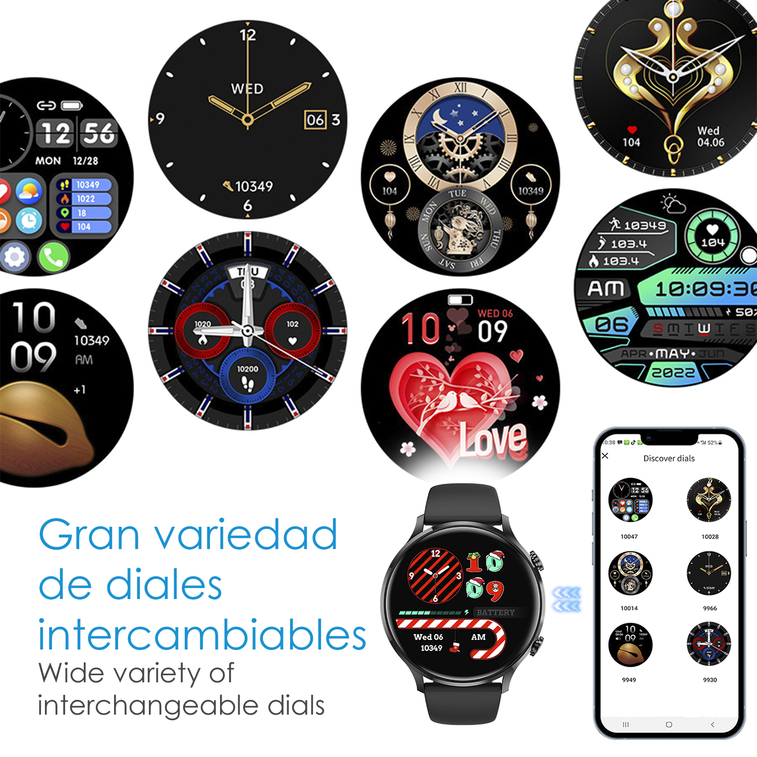 Quadranti smartwatch, vari design, con testo in spagnolo, su sfondo scuro.
