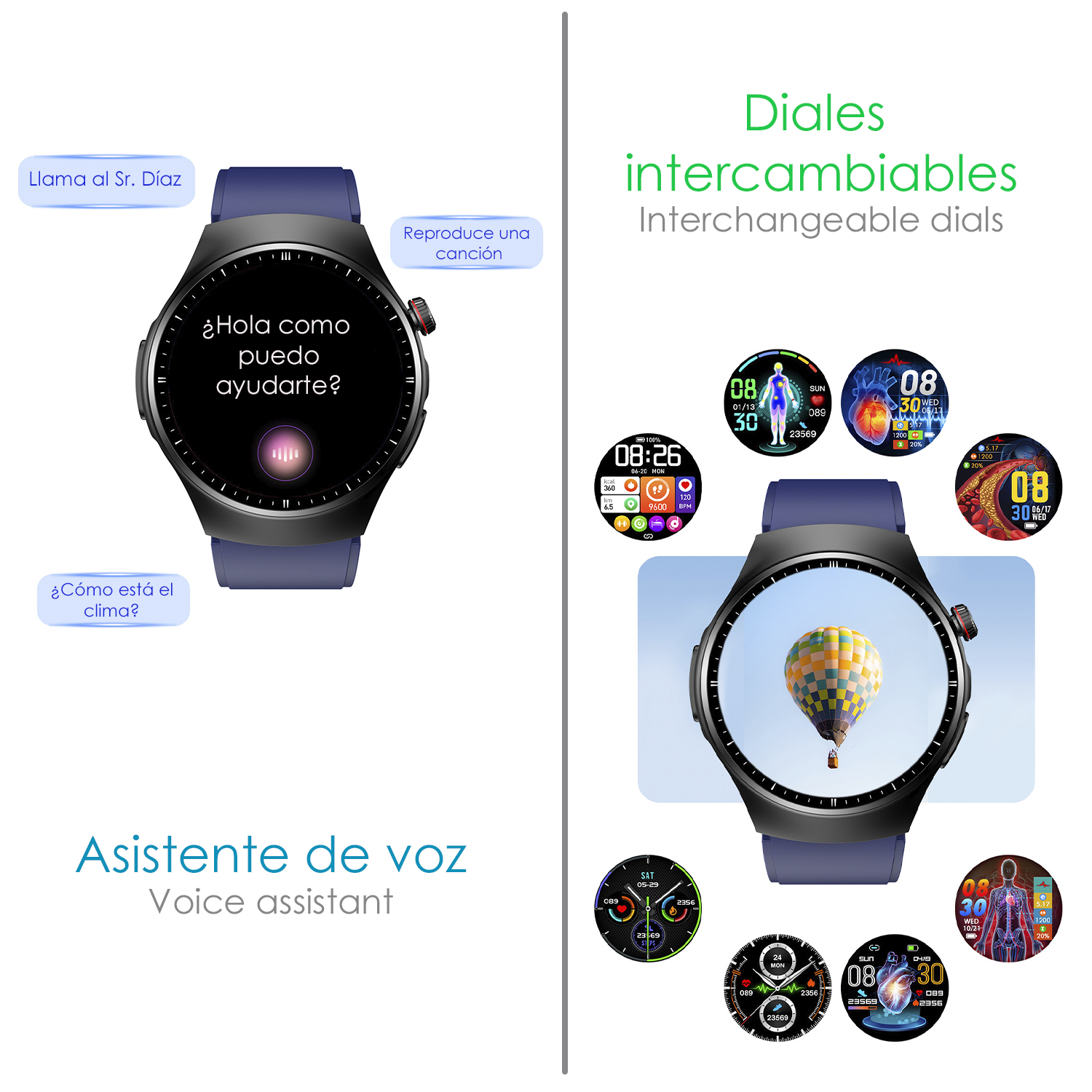 Smartwatch con quadranti intercambiabili, assistente vocale e funzioni di chiamata/meteo.
