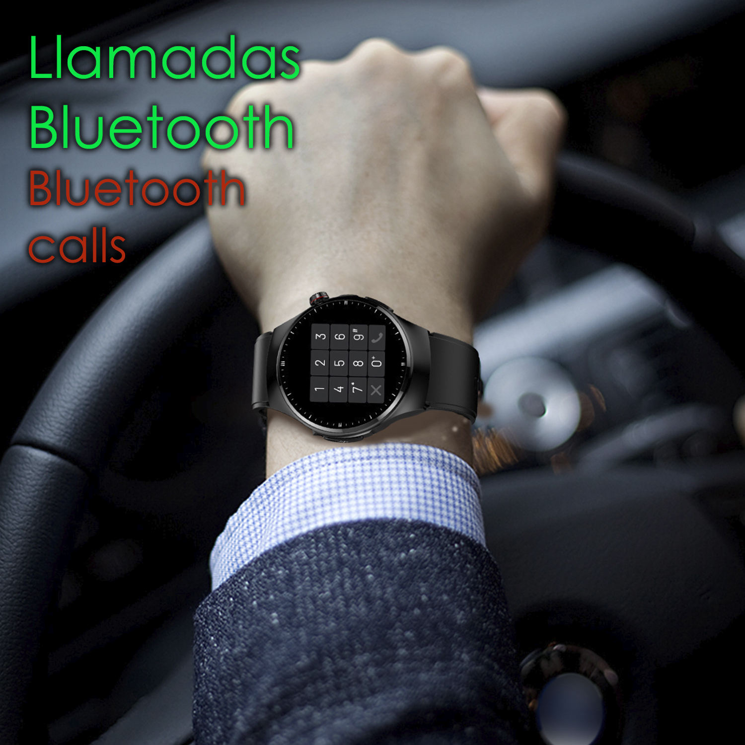 Polso di una persona con smartwatch nero, che mostra un quadrante. Testo: "Chiamate Bluetooth".