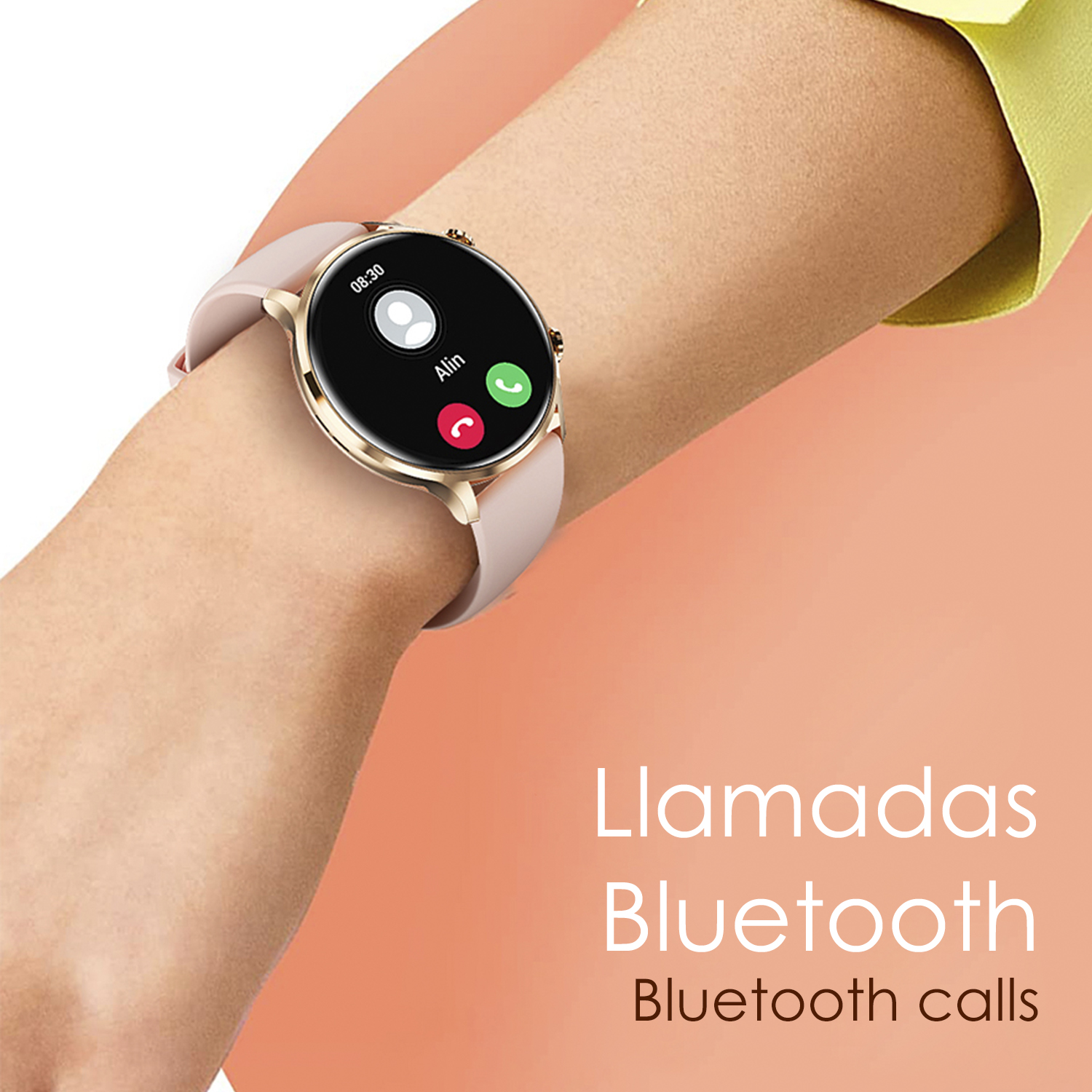 Polso con smartwatch che mostra una chiamata in arrivo da Alin. L'orologio è rosa e oro.