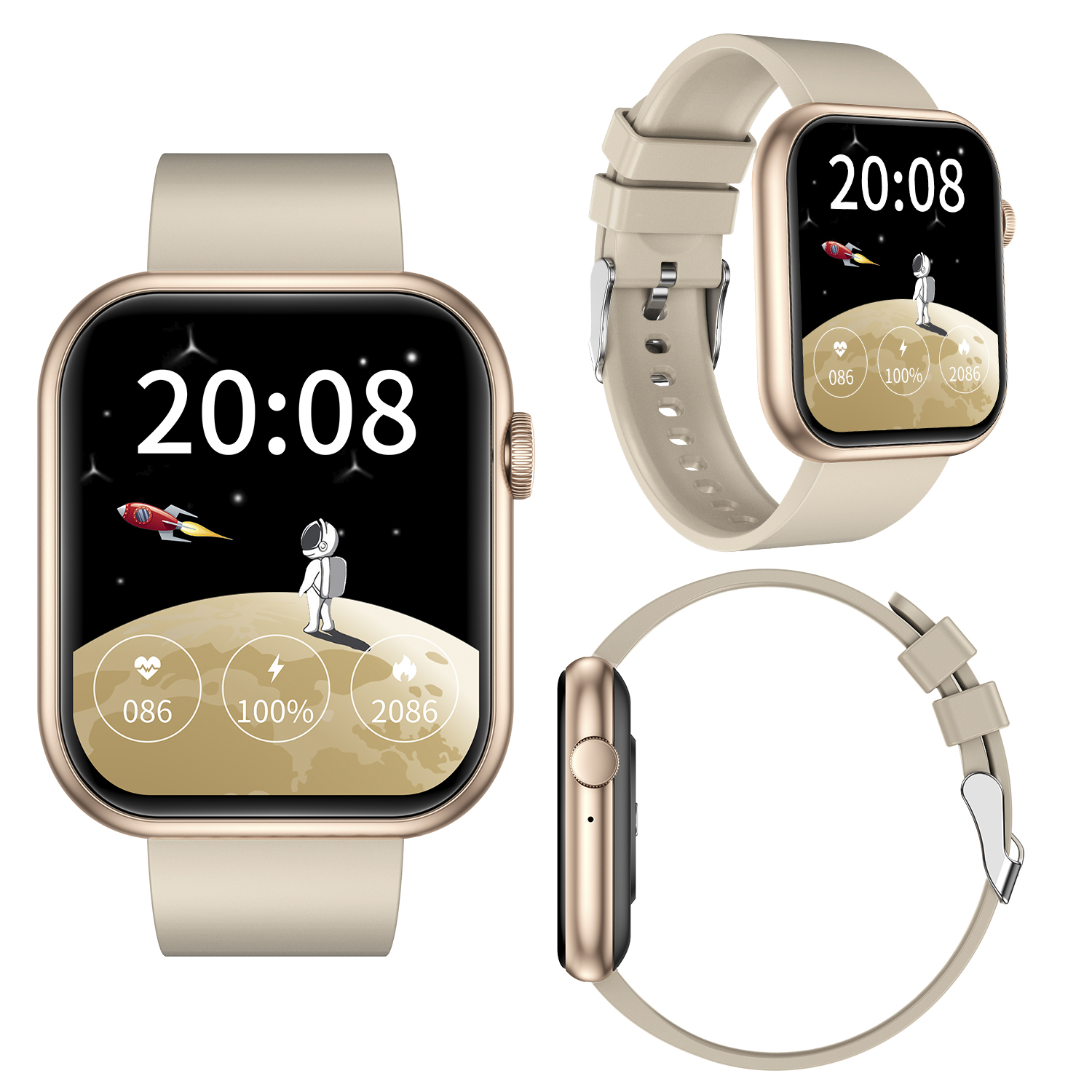Uno smartwatch mostra l'ora, la data e i parametri sanitari. Cinturino beige e cassa dorata.