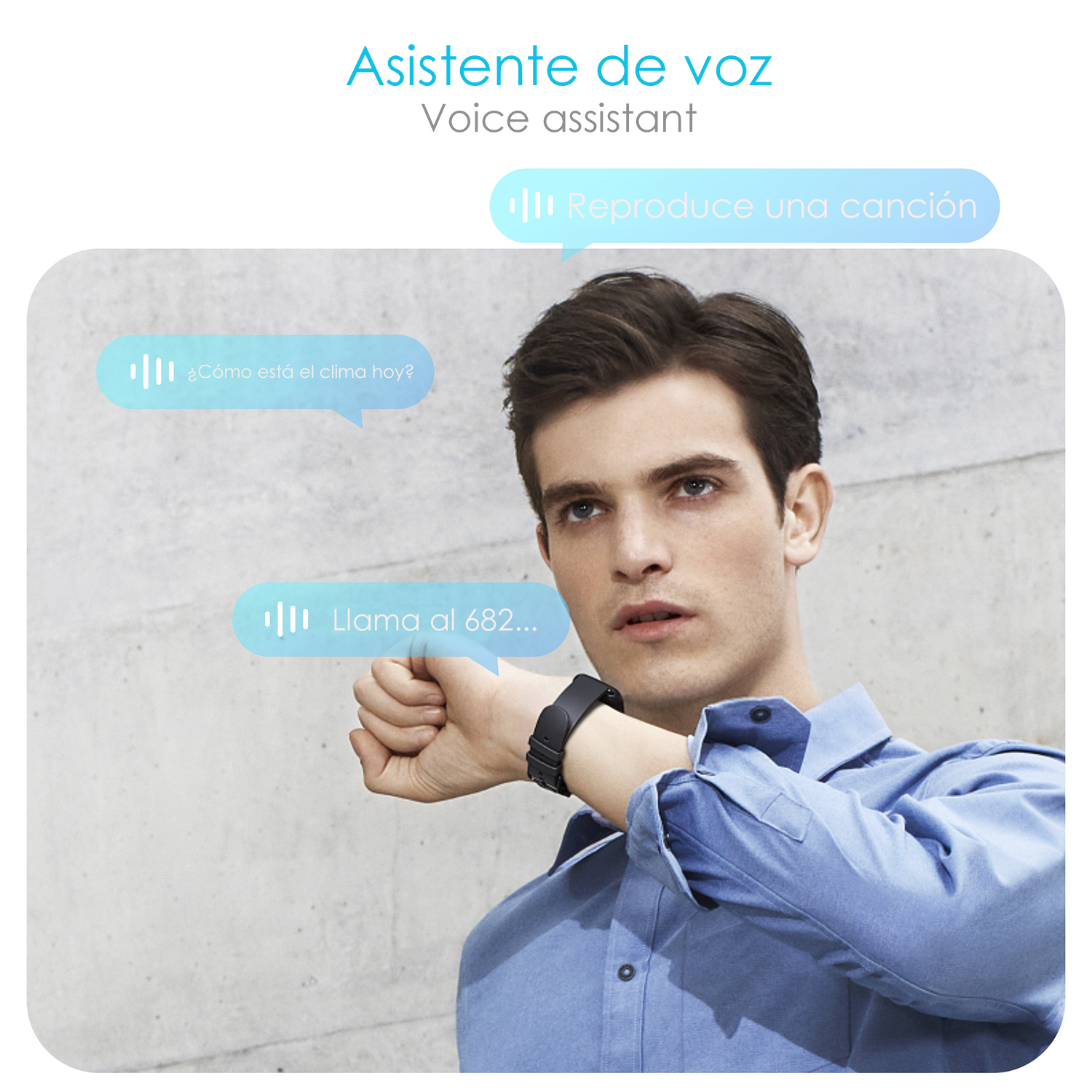 Un uomo guarda uno smartwatch con bolle di assistente vocale: meteo, canzone e chiamata.