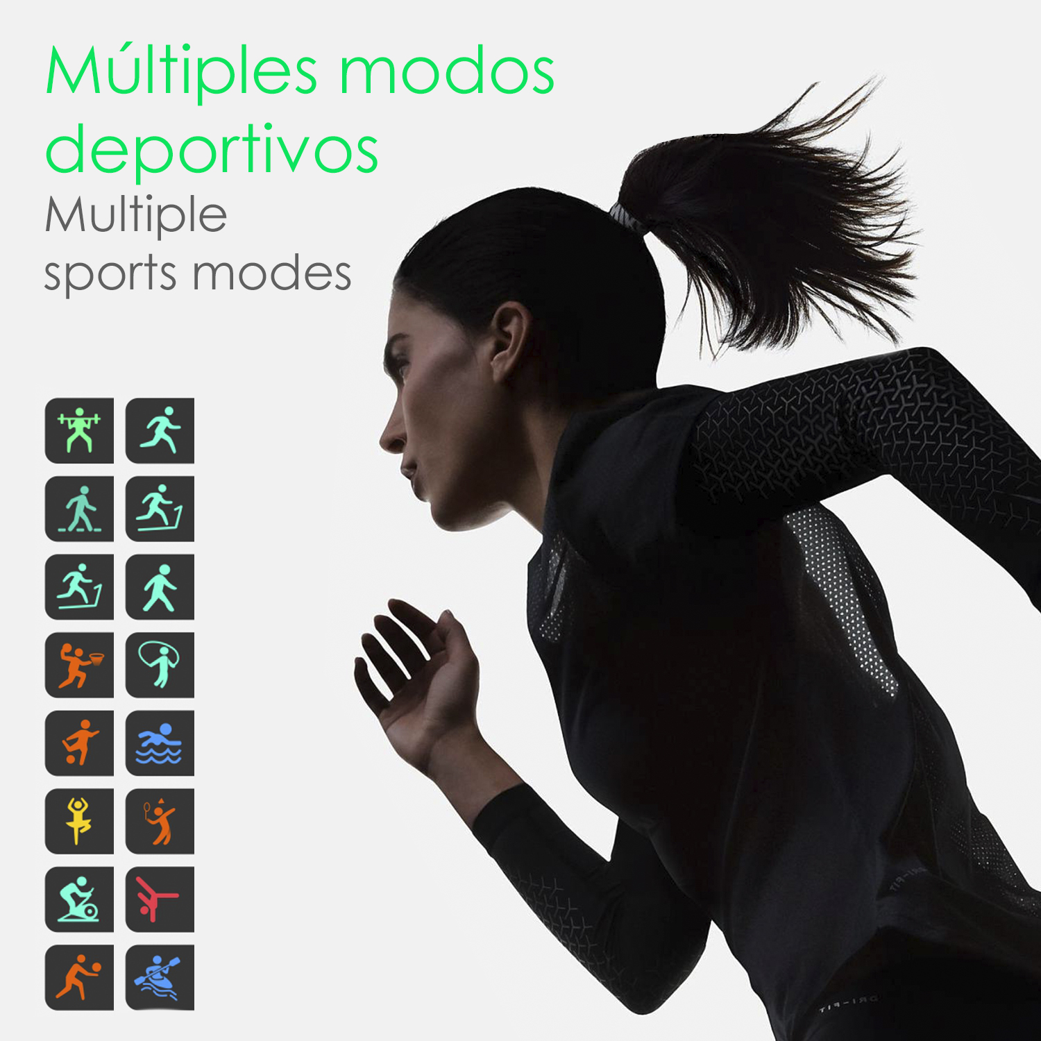 Donna che corre con icone sportive e testo su più modalità sportive.