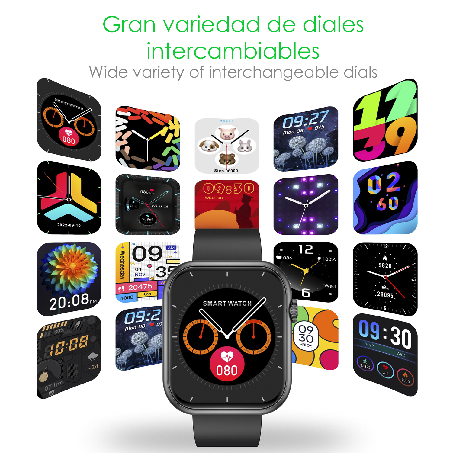 Uno smartwatch con più quadranti visualizzati, con testo 'Gran variedad de...'