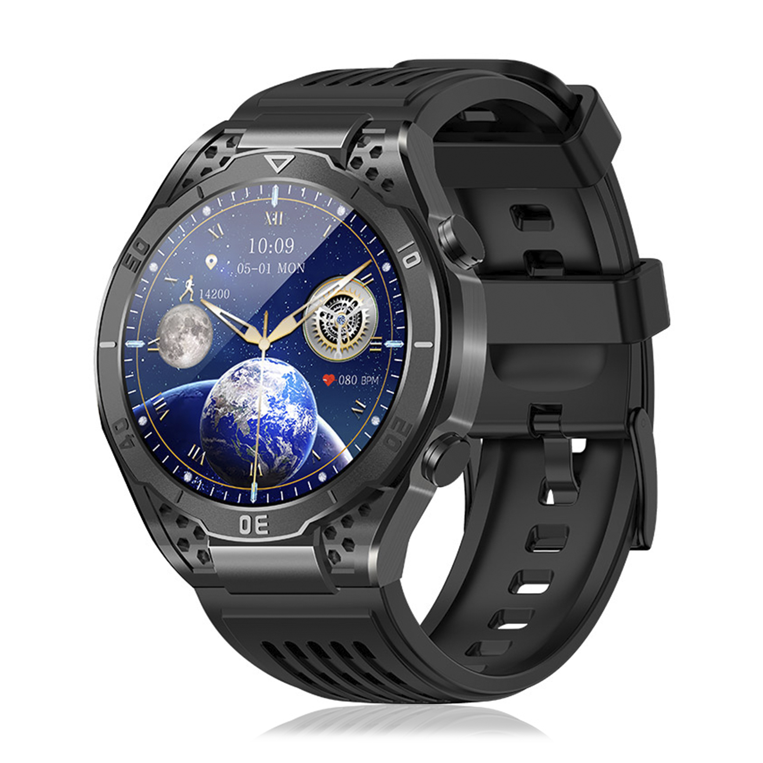 Smartwatch nero con schermo rotondo. Ha un cinturino nero. Sfondo bianco.