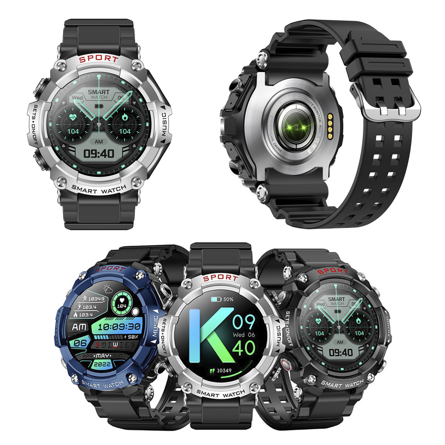 Tre smartwatch: argento, blu e nero. Ognuno con display diverso e cinturino nero.