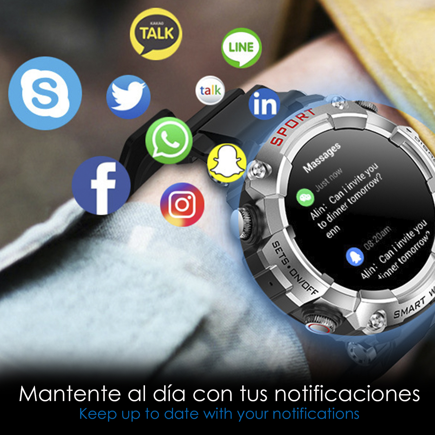 Smartwatch con notifiche da icone di social media come Facebook, Instagram e WhatsApp.