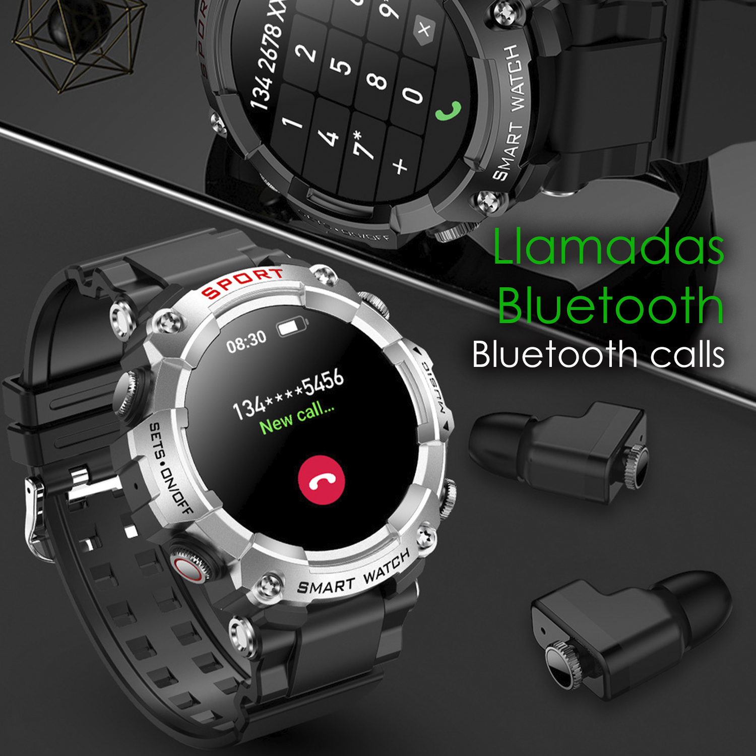 Due smartwatch, uno mostra una schermata di chiamata. Smartwatch neri con accessori auricolari.