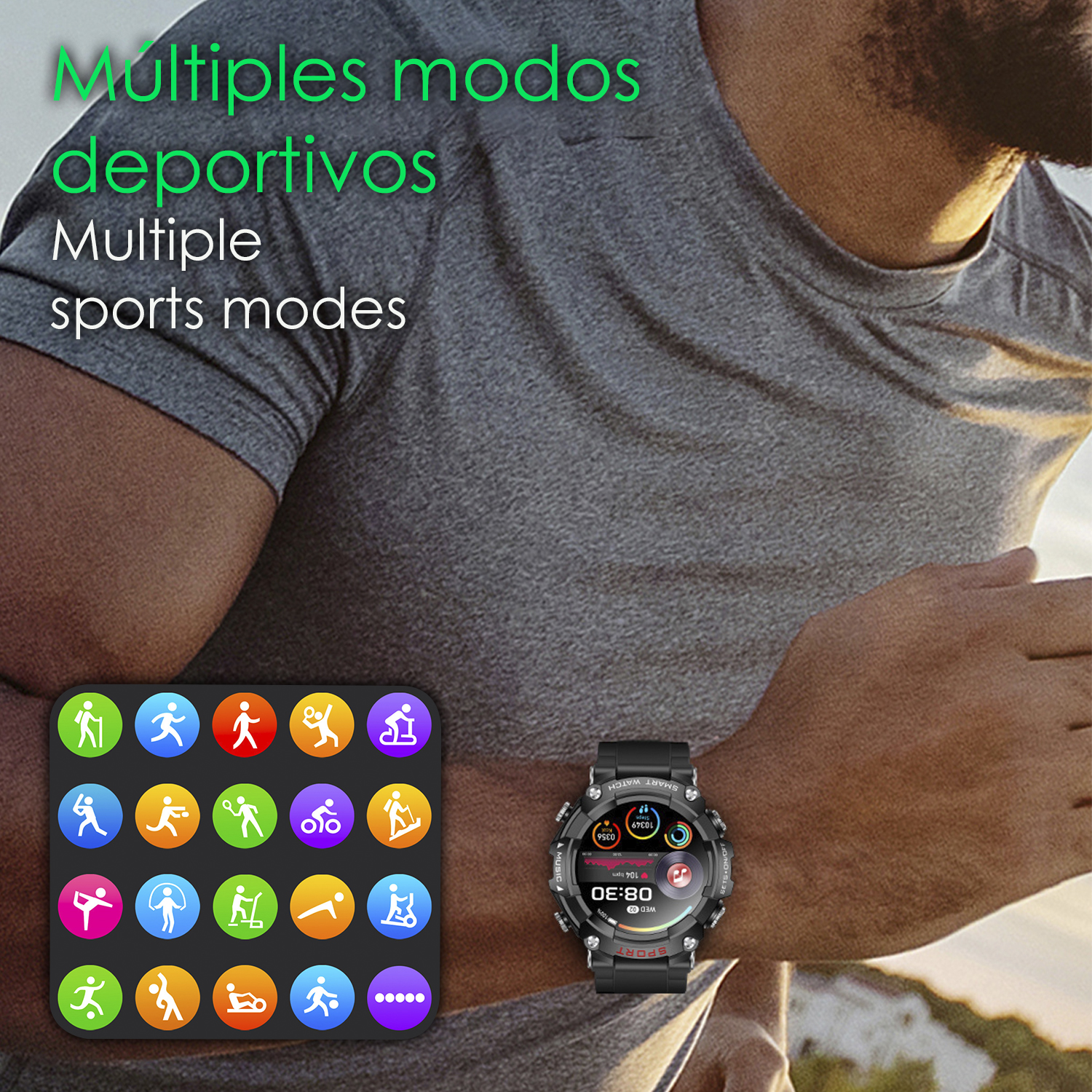 Un uomo che corre con uno smartwatch, icone delle modalità sportive sullo schermo.