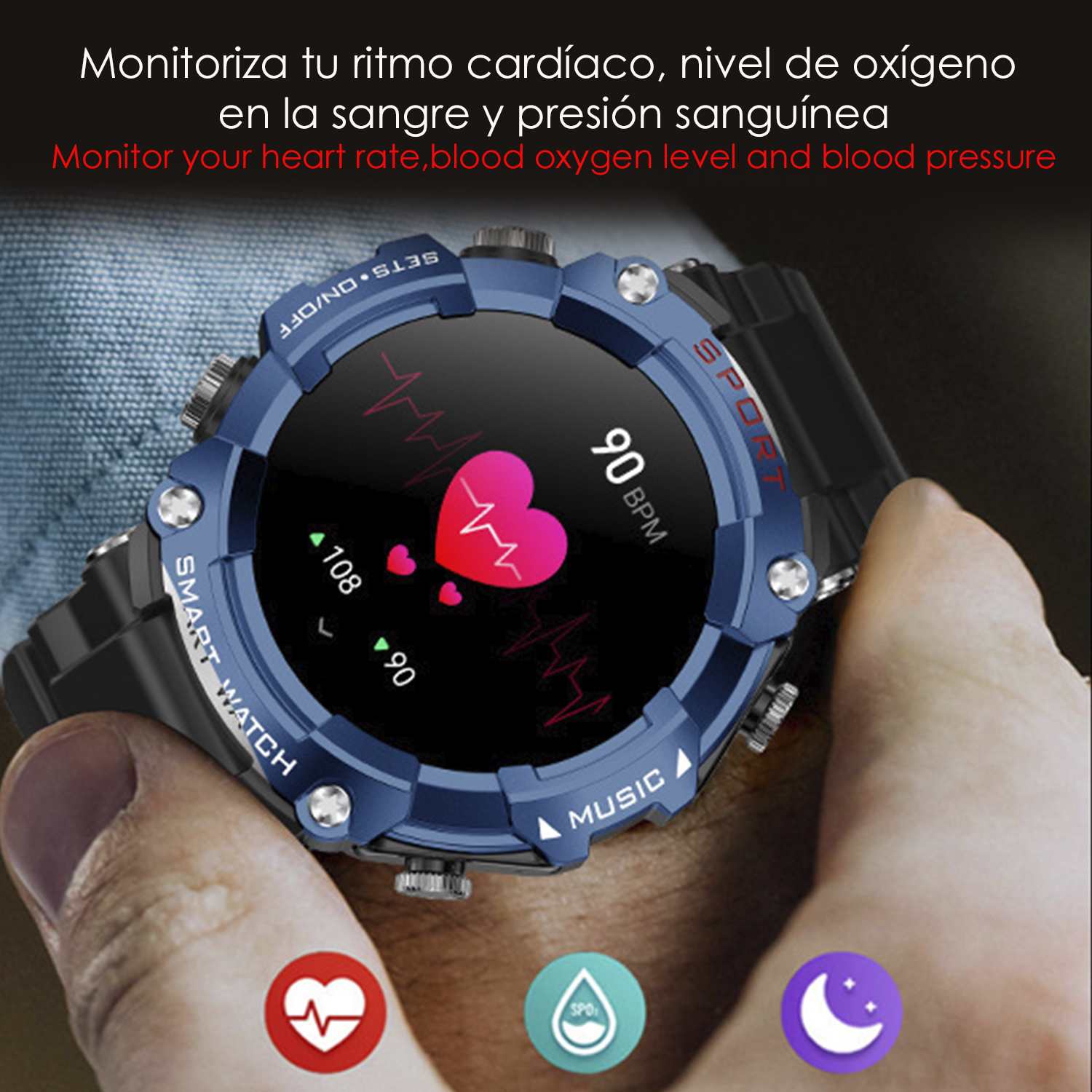 Smartwatch che mostra i dati sulla frequenza cardiaca e uno schermo con metriche di salute. L'orologio è blu e nero.