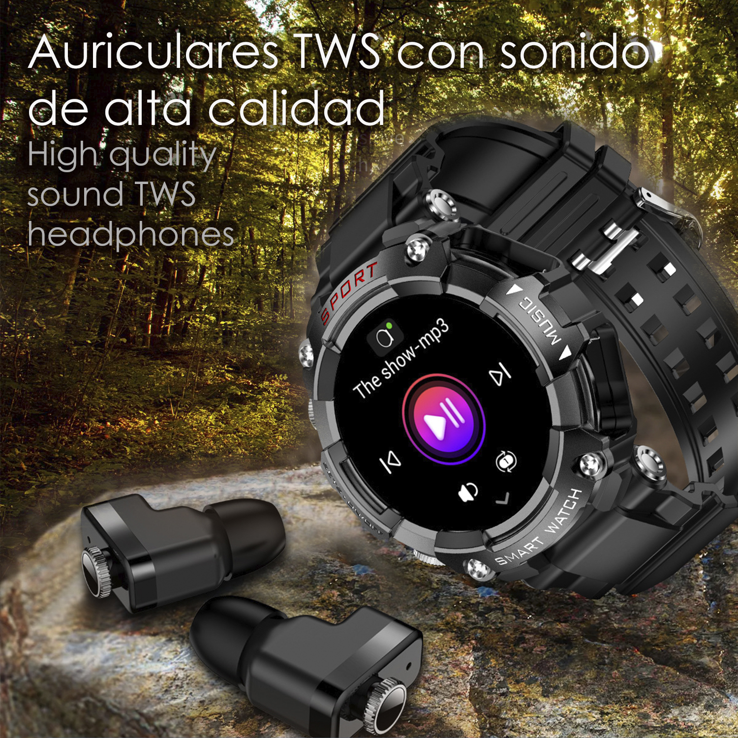 Smartwatch con auricolari. Testo spagnolo e inglese: Cuffie TWS di alta qualità.
