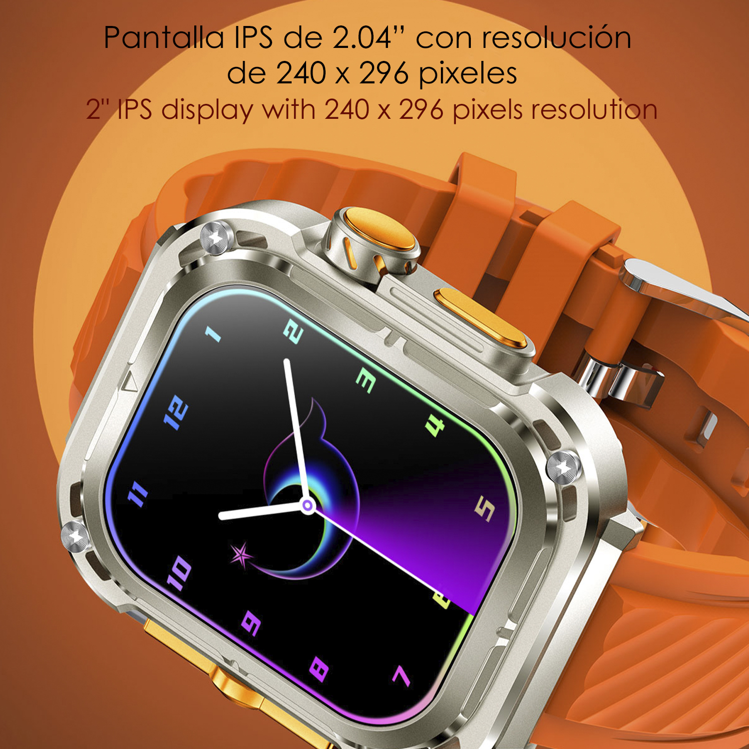 Primo piano di uno smartwatch con schermo che mostra un design colorato. Cinturino arancione.