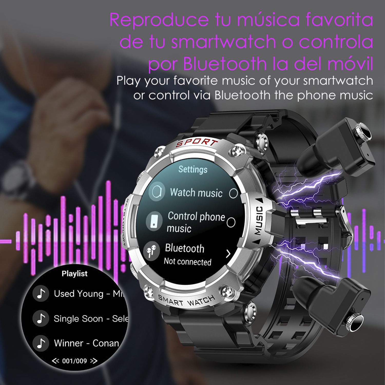 Uno smartwatch con interfaccia musicale. Ha auricolari e opzioni di controllo della musica del telefono.
