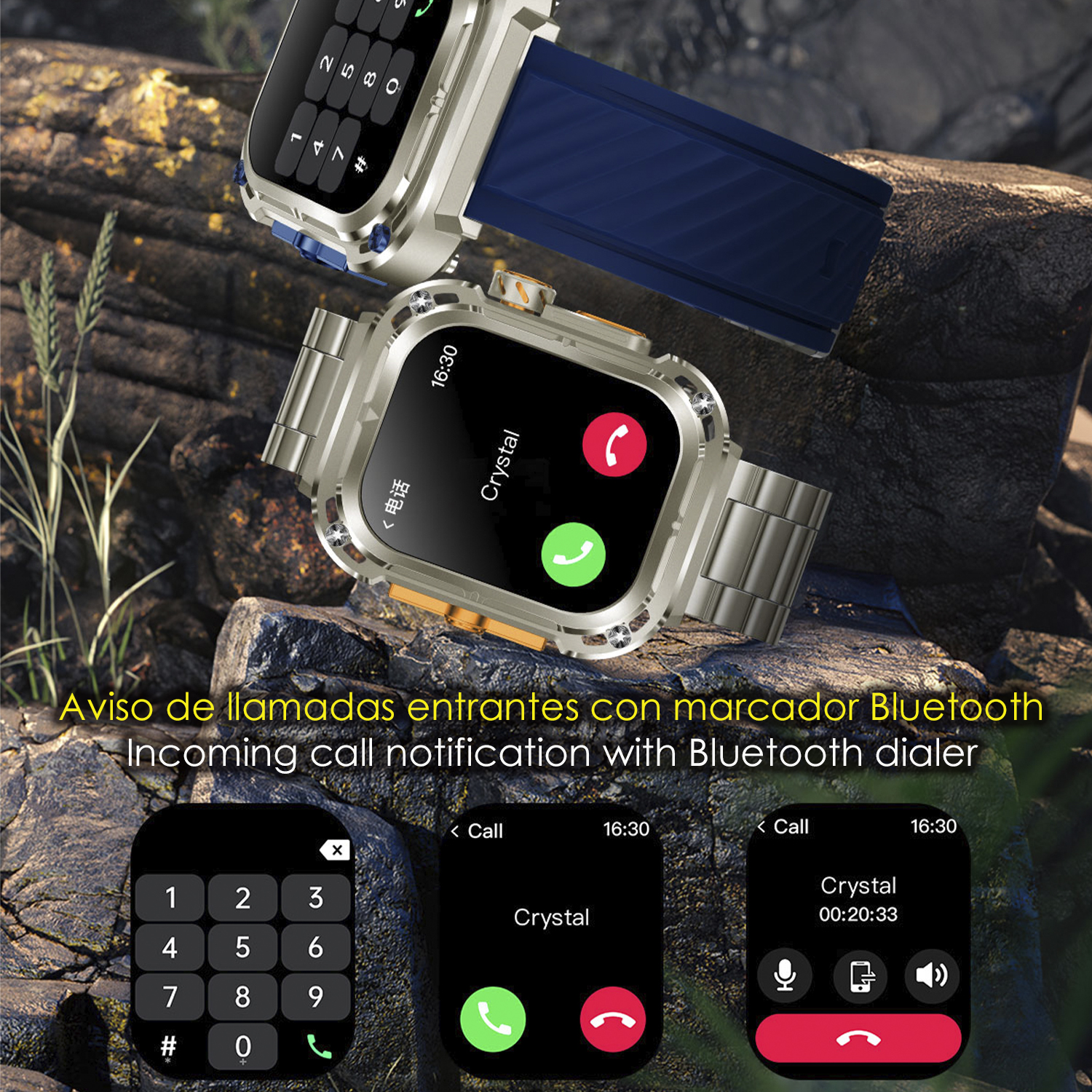 Smartwatch in un ambiente roccioso. I display mostrano l'ora, le opzioni di chiamata. Notifica di chiamata in arrivo con dialer Bluetooth.