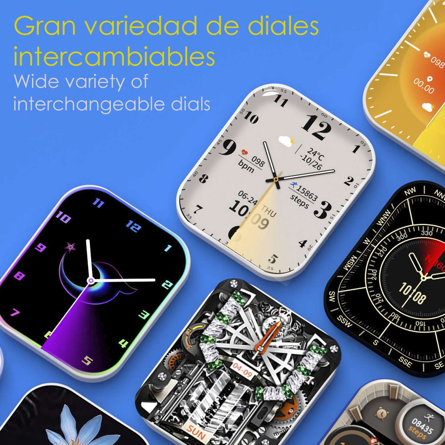 Una varietà di quadranti di smartwatch che mostrano diverse informazioni e design, con uno sfondo blu.