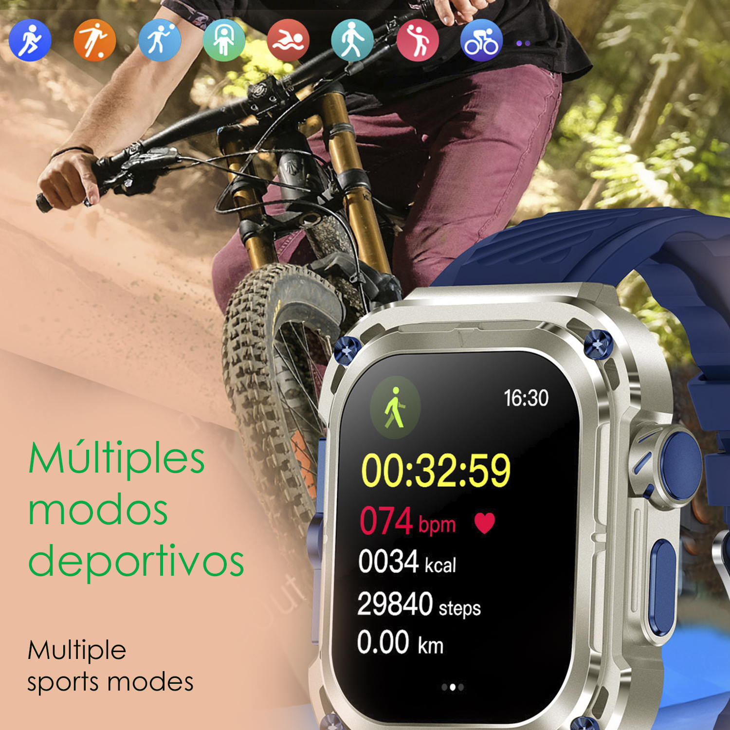 Smartwatch che mostra dati di allenamento, persona in bicicletta sullo sfondo, icone.