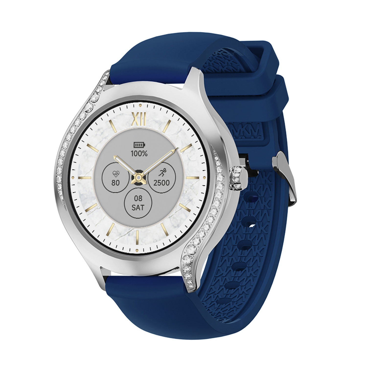Smartwatch argento e blu con cinturino blu, quadrante bianco e gioielli intorno all'orologio.