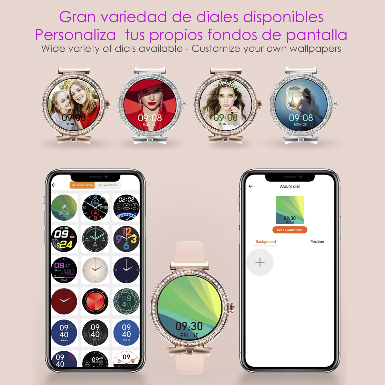 Più quadranti di smartwatch visualizzati su telefoni e smartwatch, in rosa e oro.
