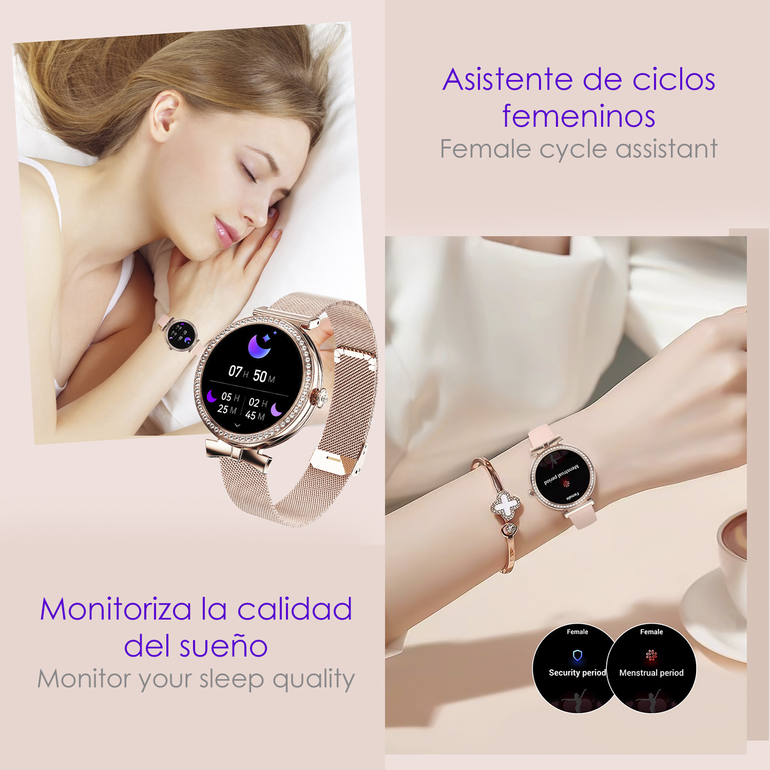 Una donna che dorme accanto a uno smartwatch sul letto. Un orologio al polso misura la qualità del sonno.