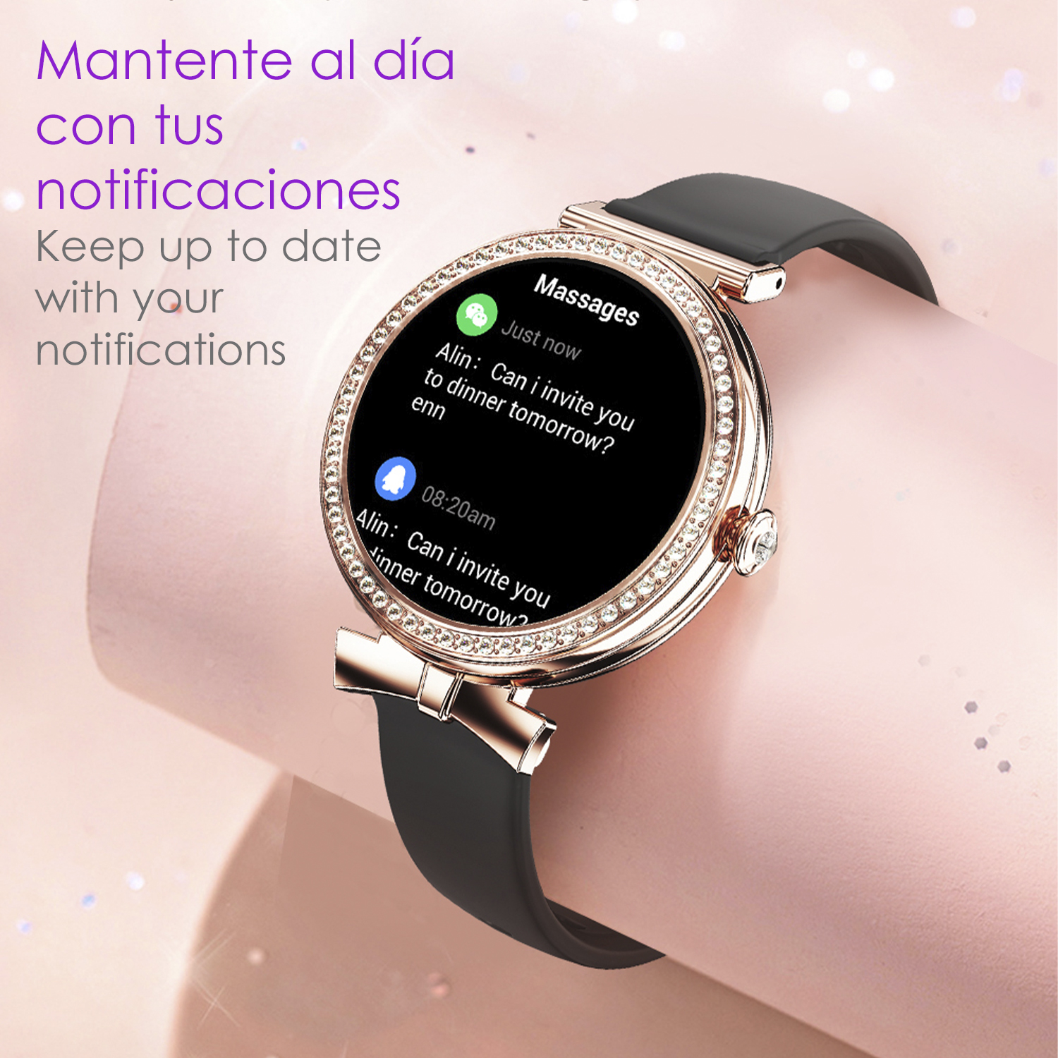 Orologio da polso che mostra una notifica di messaggio, color oro rosa con cinturino nero, su superficie rosa.