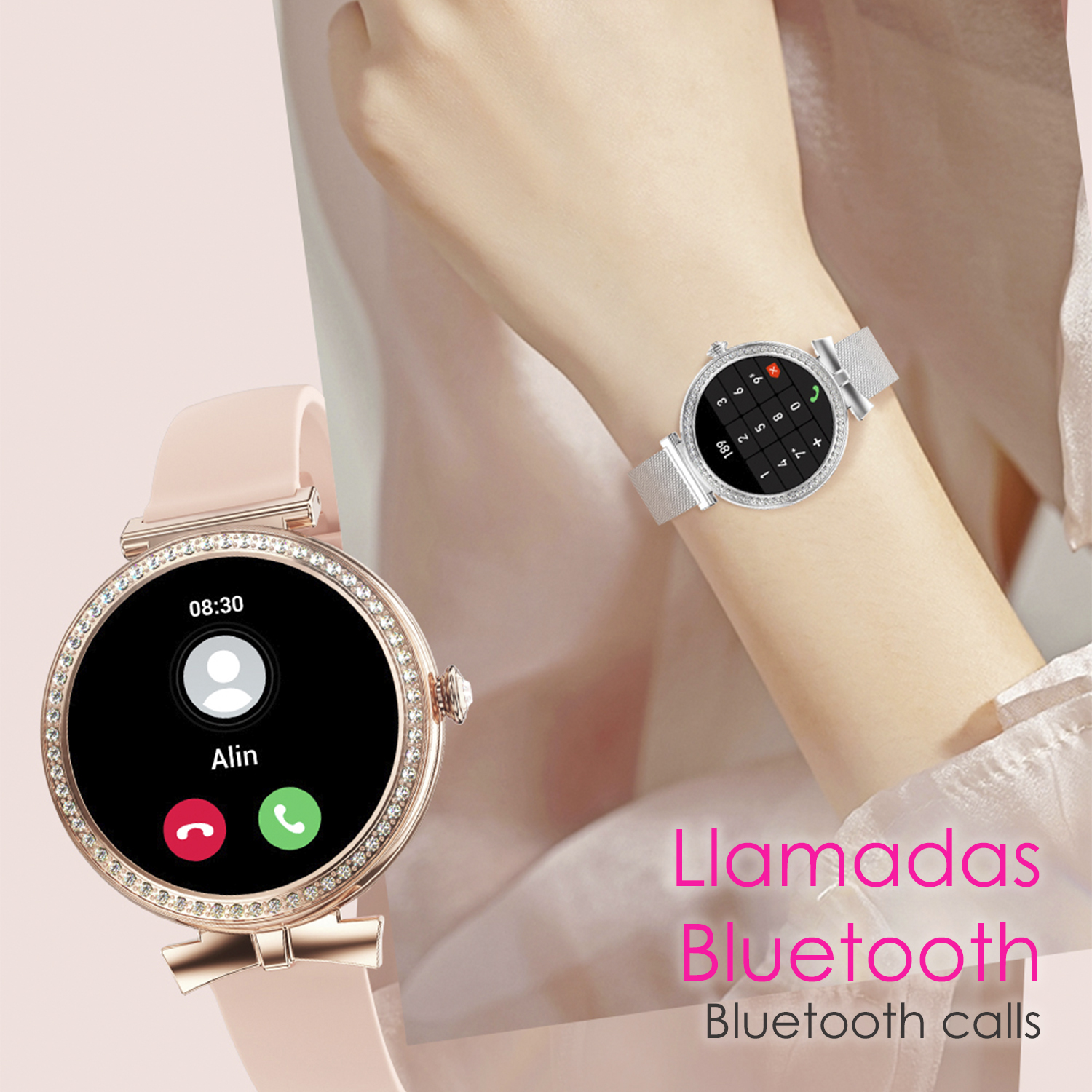 Smartwatch al polso, mostra l'interfaccia di chiamata con foto e pulsanti.
