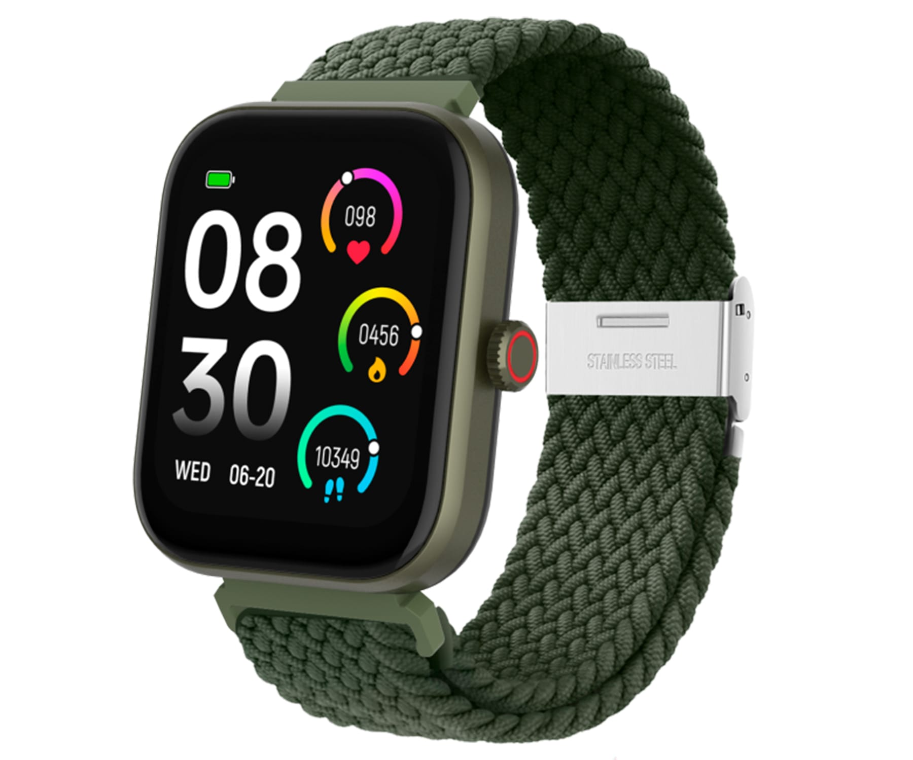Smartwatch verde con correa tejida, mostrando hora, métricas de actividad y frecuencia cardíaca.