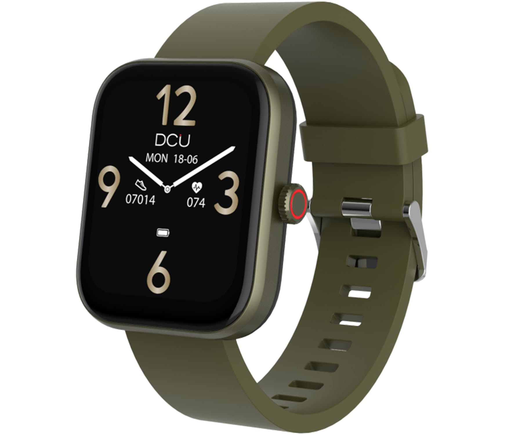 Smartwatch verde oliva con pantalla negra mostrando hora y fecha, y botón rojo.