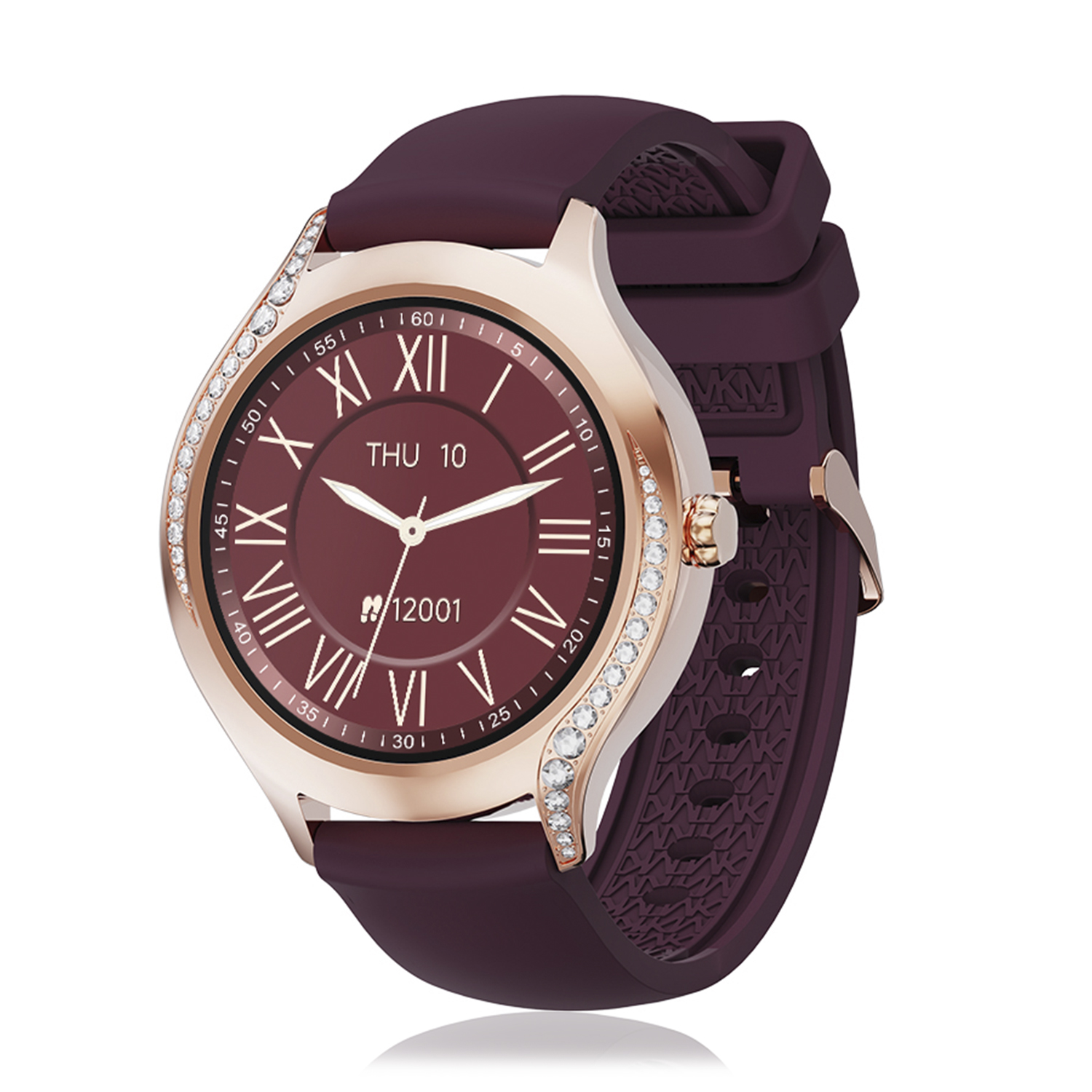 Uno smartwatch bordeaux, lunetta oro rosa, dettagli diamanti, cinturino bordeaux.