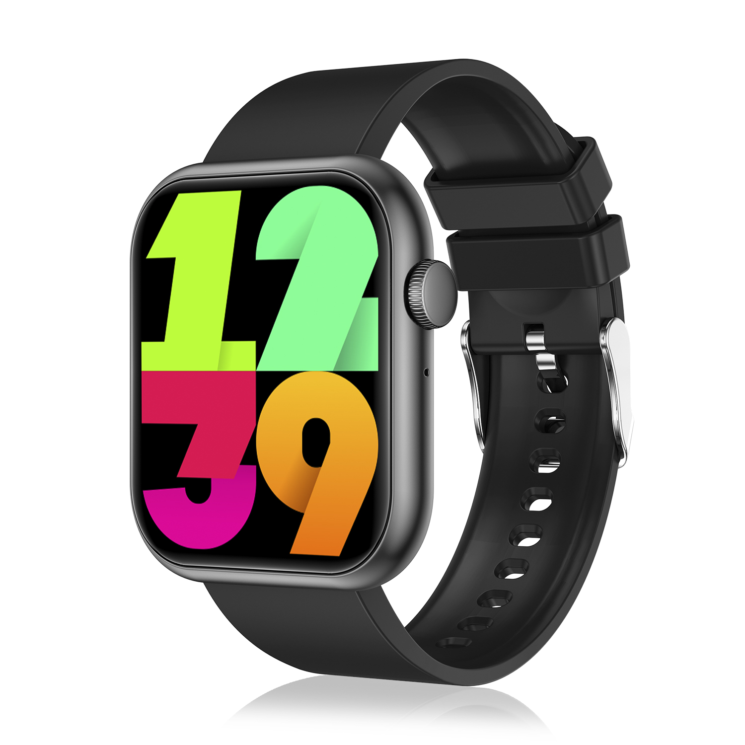 Uno smartwatch nero con un'interfaccia colorata che mostra l'ora 12:39.