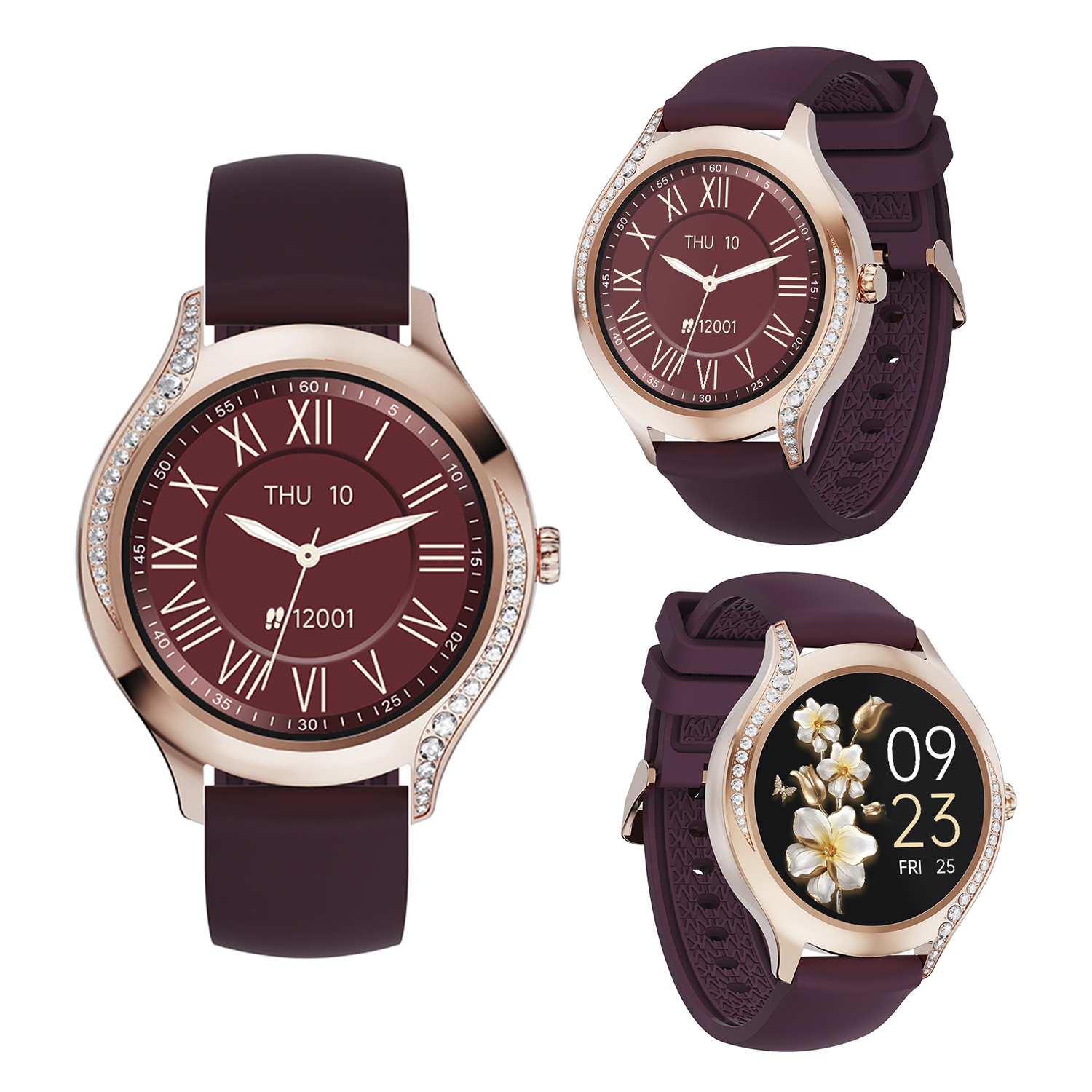 Tre orologi da donna con cinturini bordeaux. Uno mostra la data, due hanno quadranti decorativi con gemme.