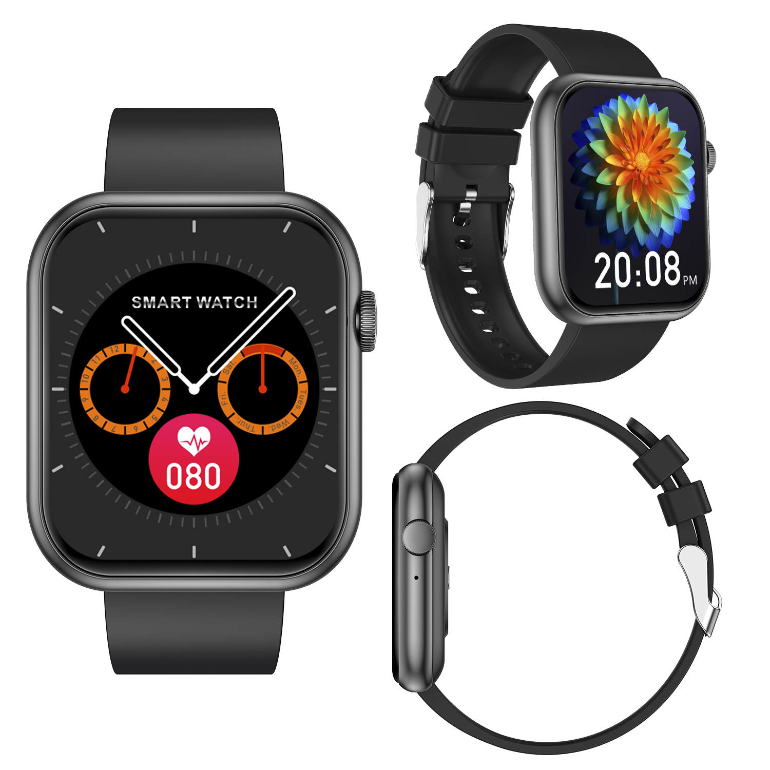 Smartwatch nero che mostra l'ora e la frequenza cardiaca. Tre viste. Cinturino nero. Sfondo bianco.