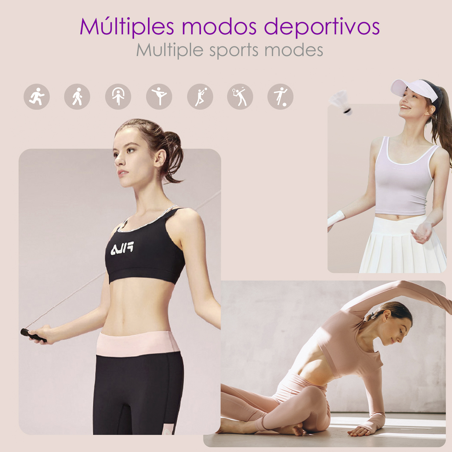 Tre donne in abbigliamento sportivo dimostrano sport. Diverse icone sportive.