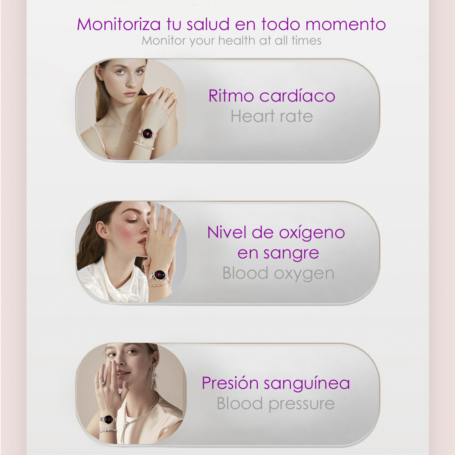 Tre immagini che mostrano il monitoraggio della salute su uno smartwatch con etichette in spagnolo.
